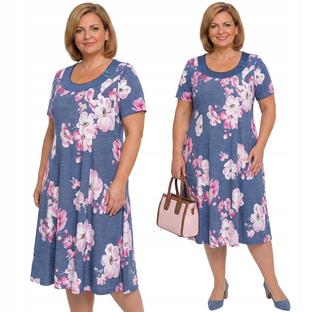 Džínová šaty s růžovými květy a velikostí velikost 48/50