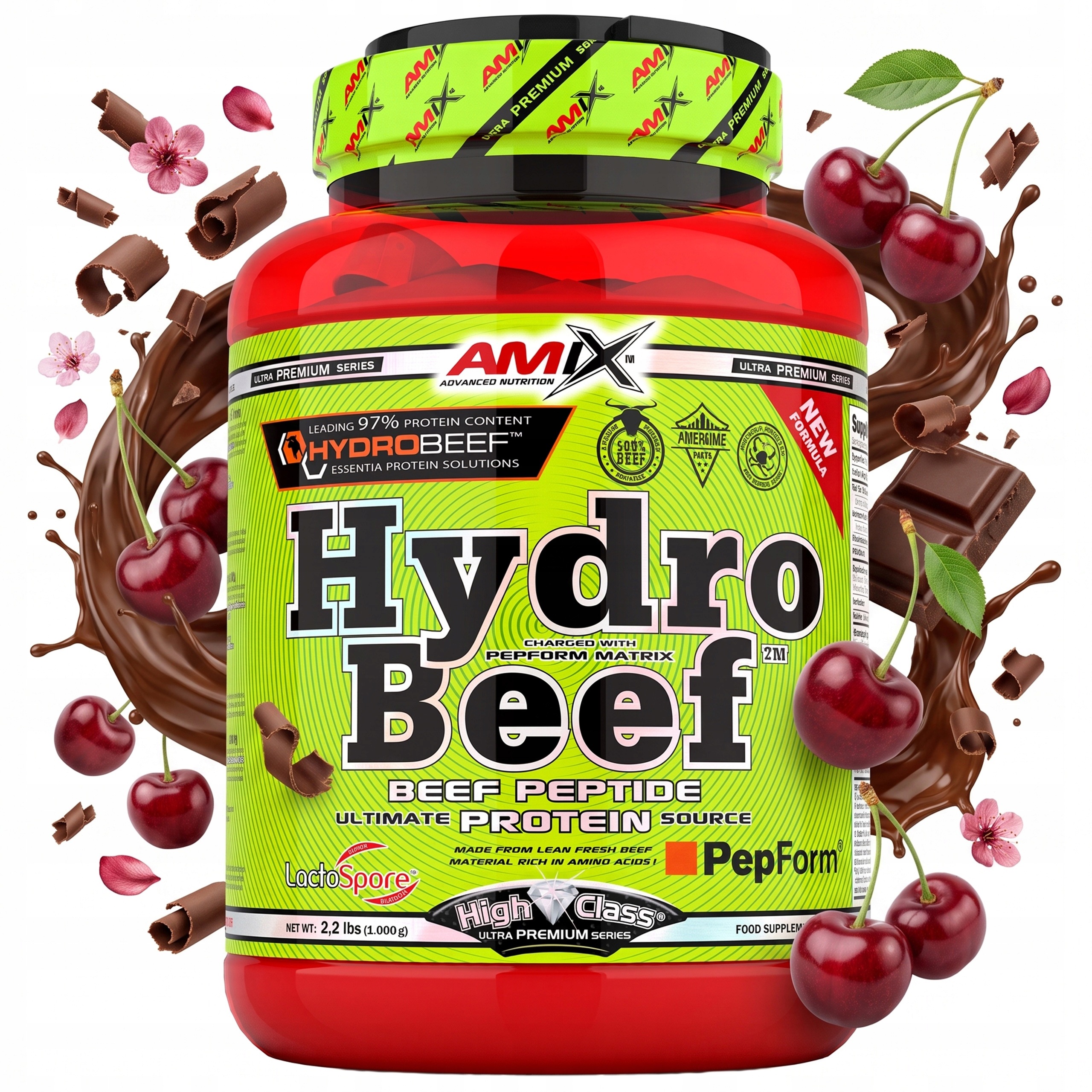 Hovězí protein hydrolyzát doplněk stravy 1 kg příchuť čokoláda višeň bez laktózy