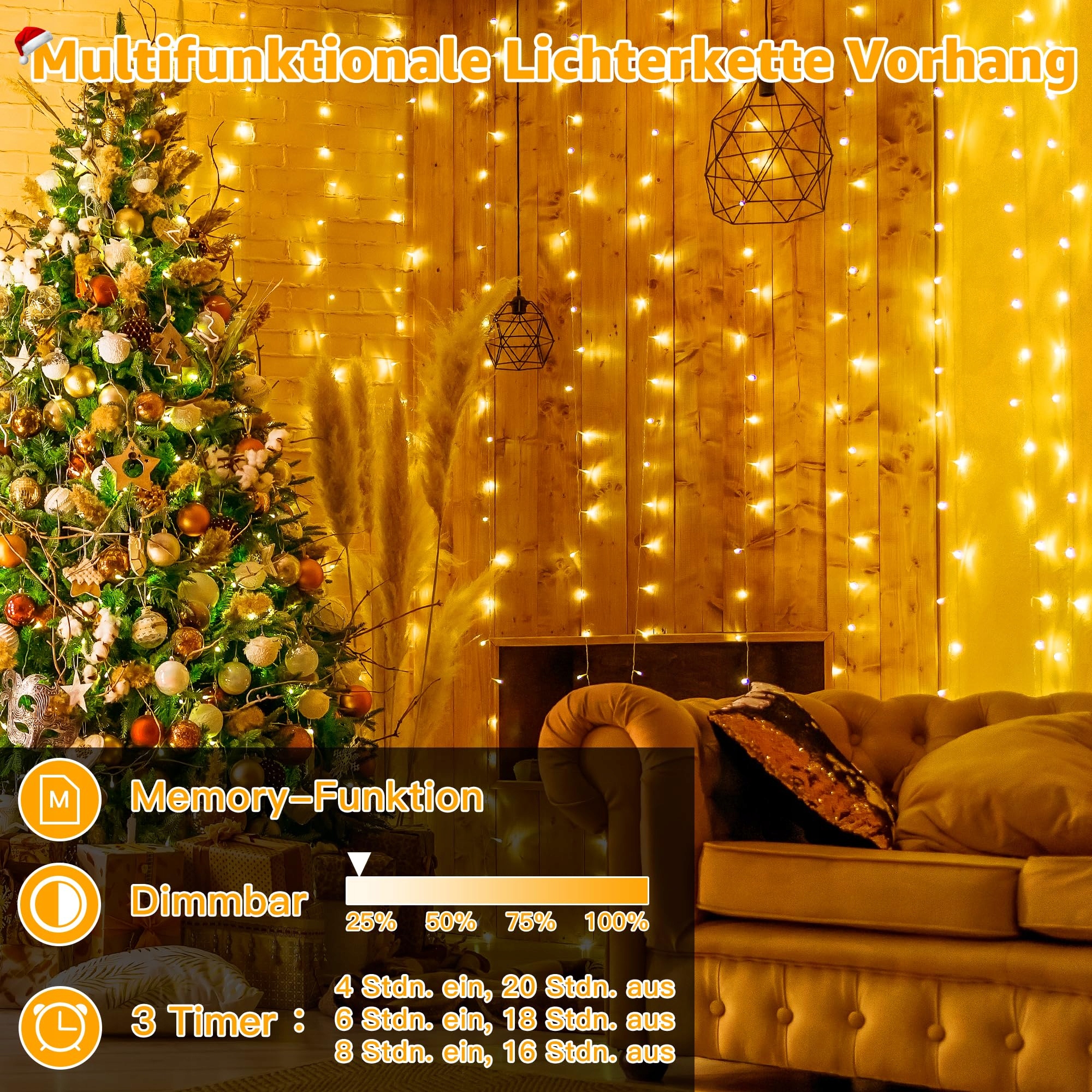 OLLNY Kurtyna LED 2x2m 200 LED Ciepłe Światło 8 Trybów Timer Dimmable — miniatura 5