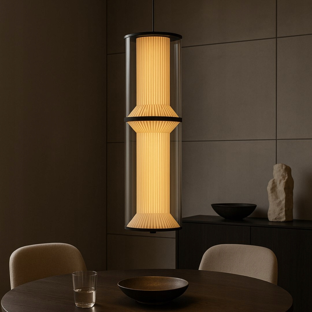 Transparentná sklenená závesná Led trubica Aeris 2 nad konferenčným stolíkom do obývačky