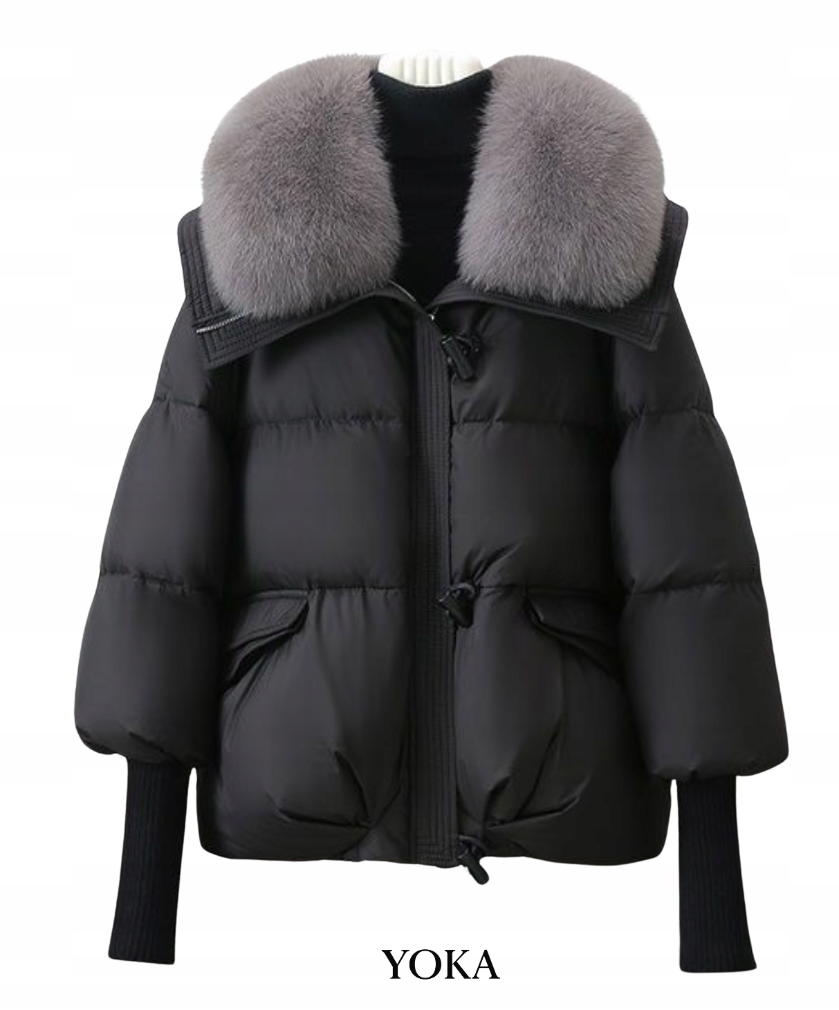 Dámská Péřová Bunda S Kožešinovým Límcem Černá Zimní Teplá Yoka