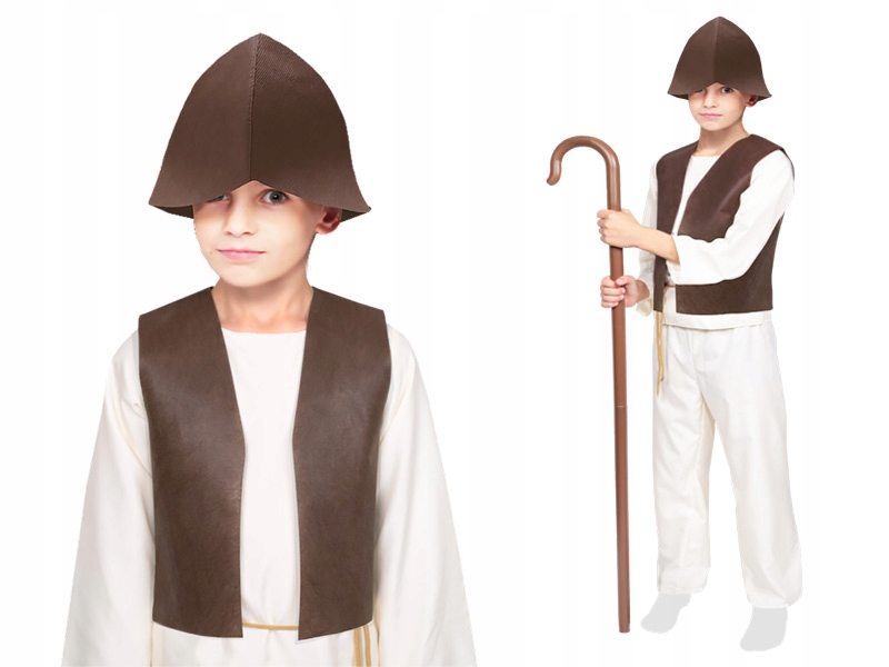 STRÓJ PASTUSZEK KOSTIUM PASTUCH JASEŁKA KAMIZELKA LASKA CZAPKA 134-140 6el