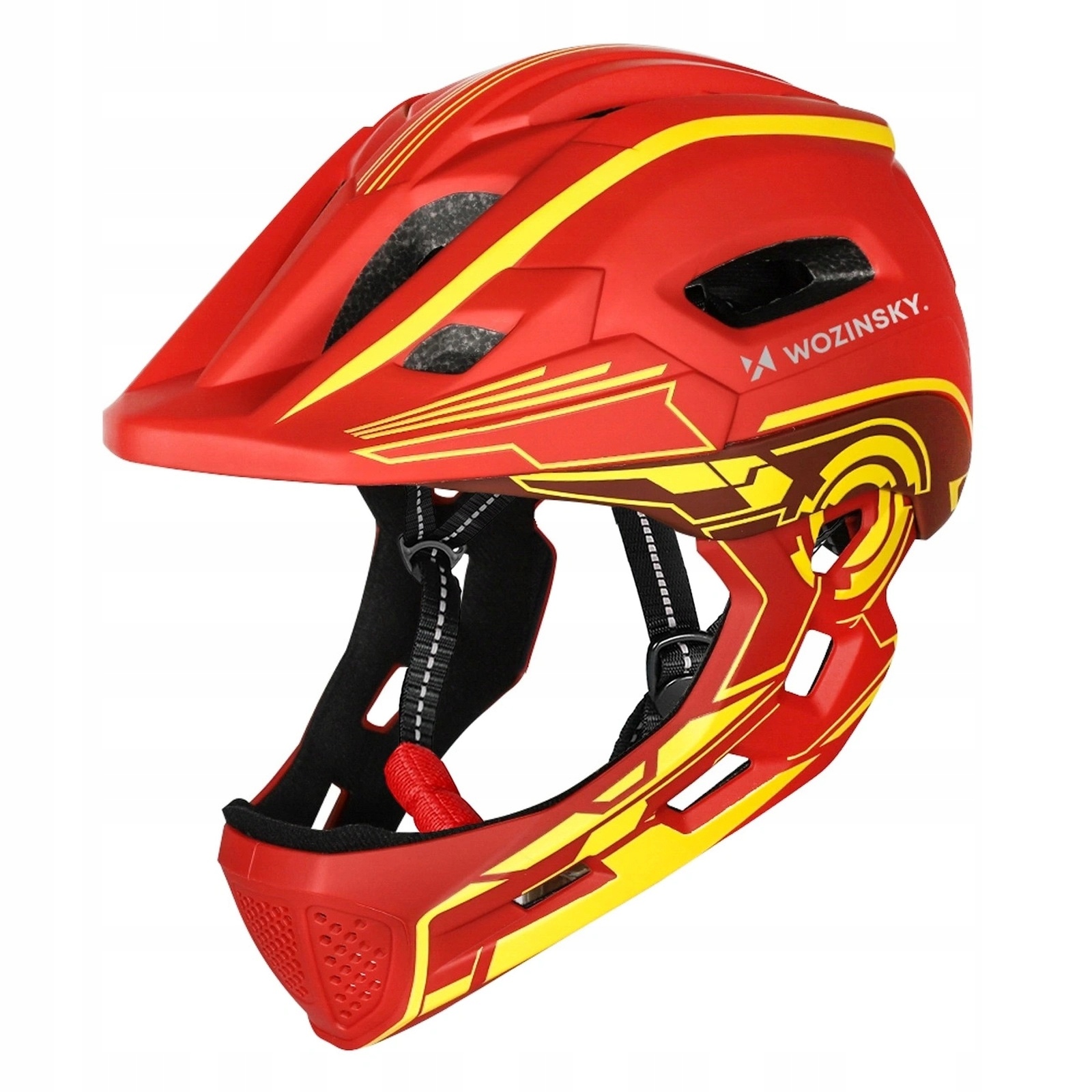Kask rowerowy fullface dziecięcy z tylną lampką Usb 52-56 cm czerwono żółty
