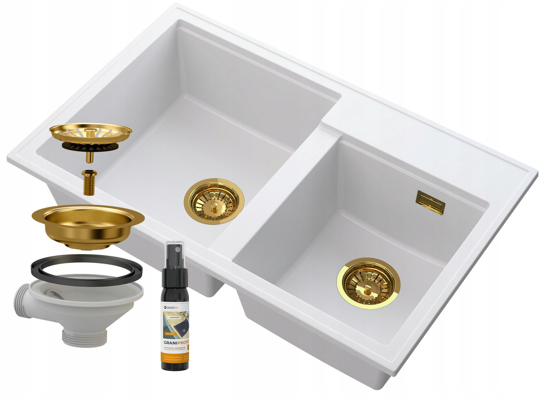 Dřez Dřez 2 Komory Bílý Sifon Zlatý Hektor