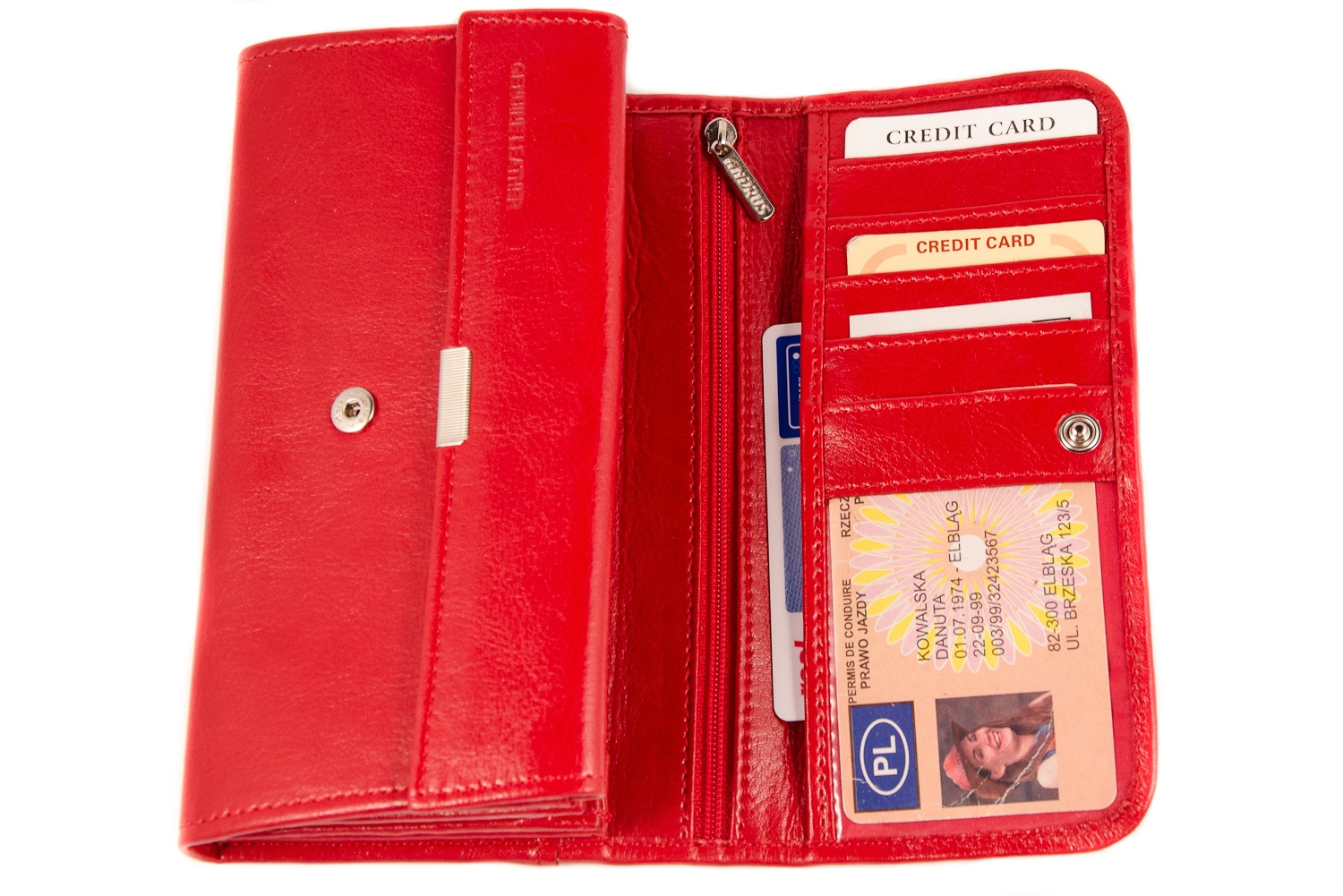 Pojemny damski portfel na suwak Andrus Skóra Naturalna Czerwony