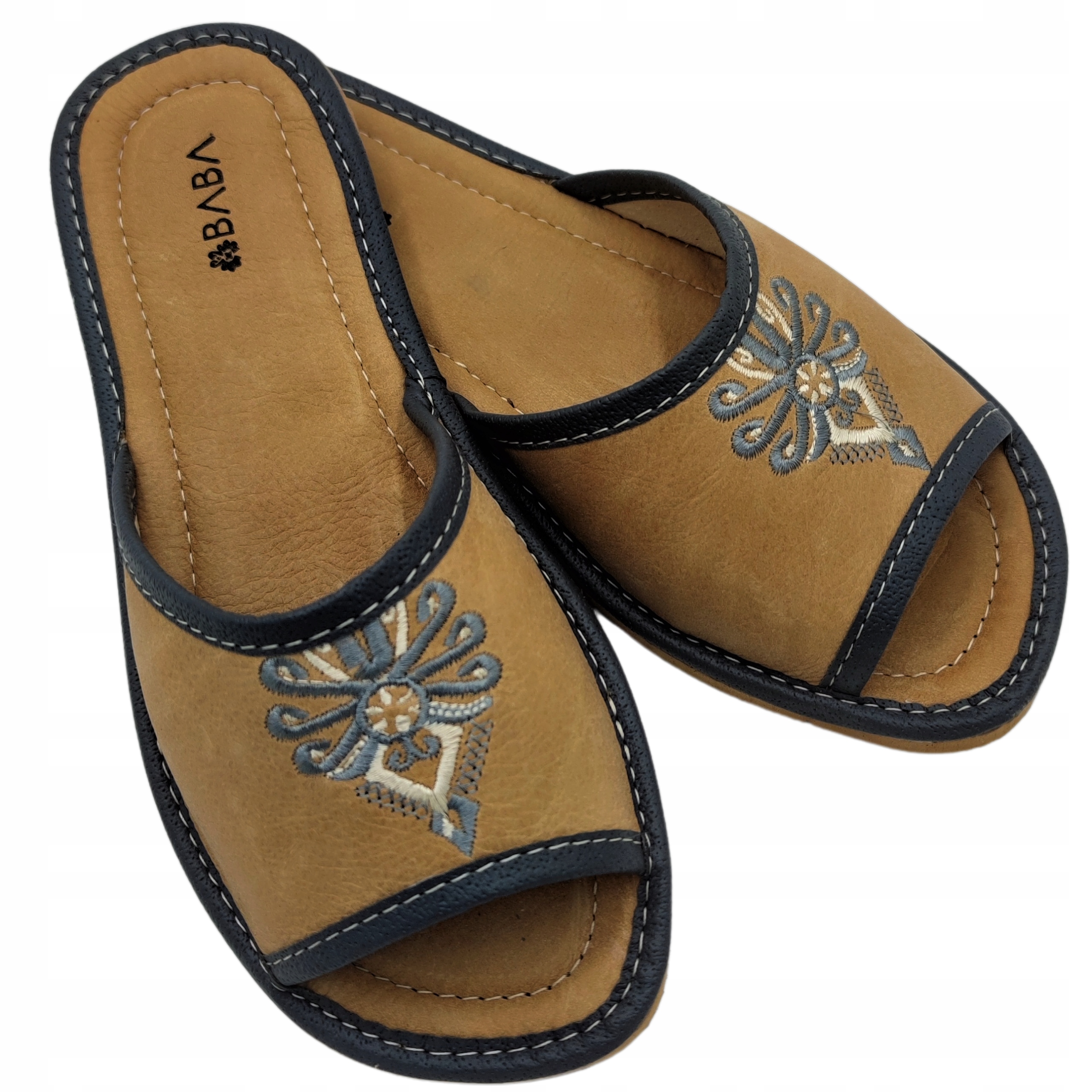 KAPCIE SKÓRZANE DAMSKIE PANTOFLE PREMIUM FOLK Marka BABA