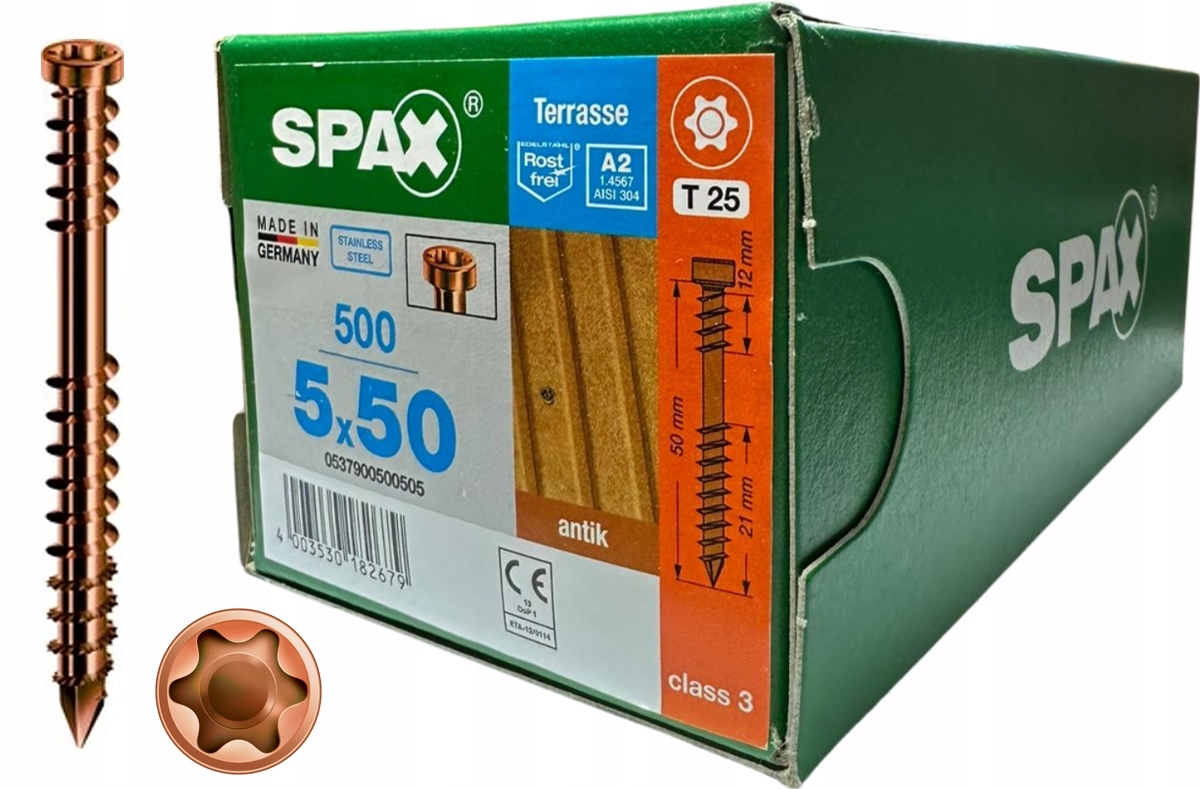 Spax 5x50 Nerezové skrutky na terasovú dosku, oceľ A2 Zlatá 500 kusov