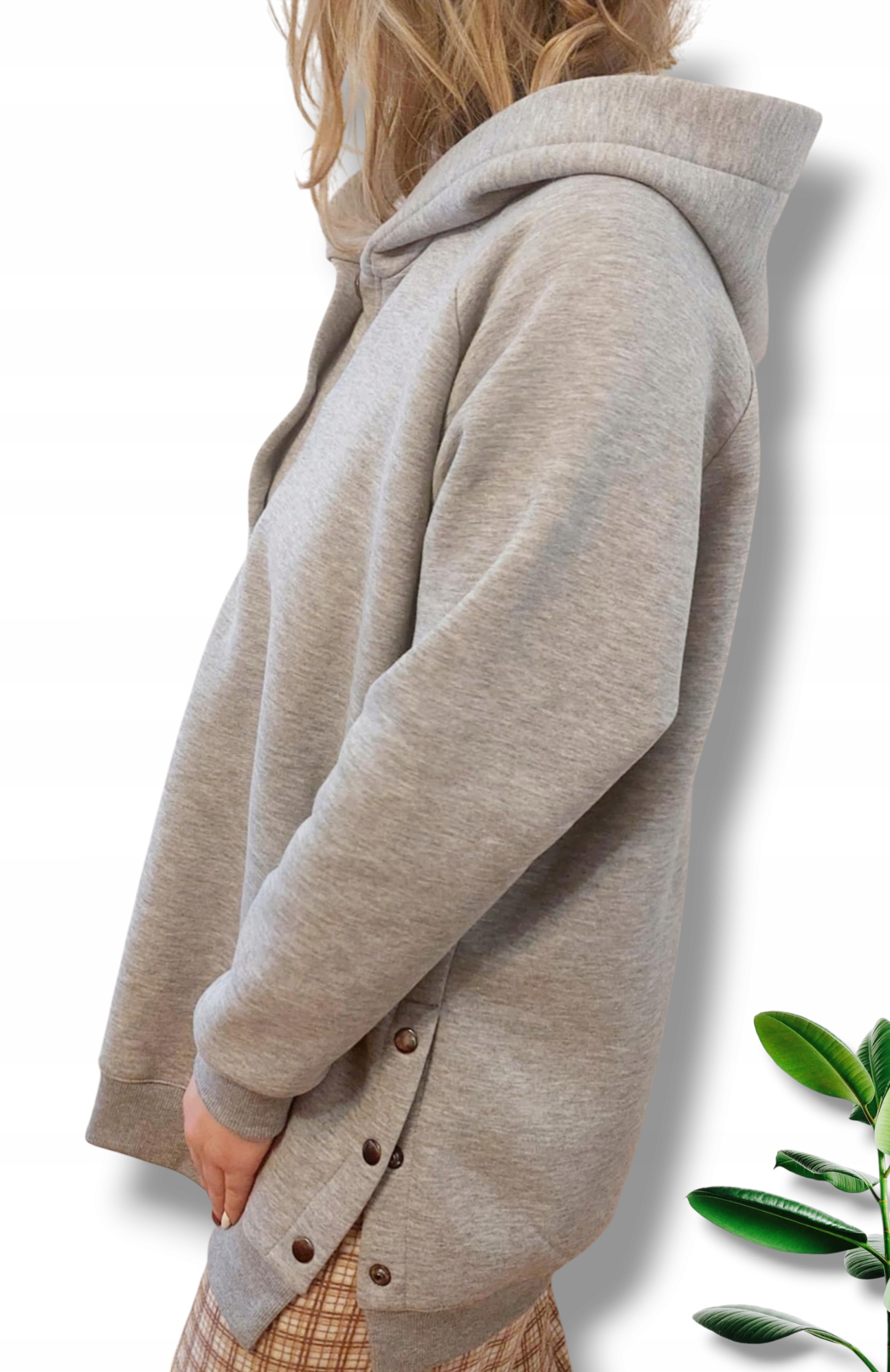 Mikina s kapucí se zapínáním na druky, šedá bavlna, velikost L