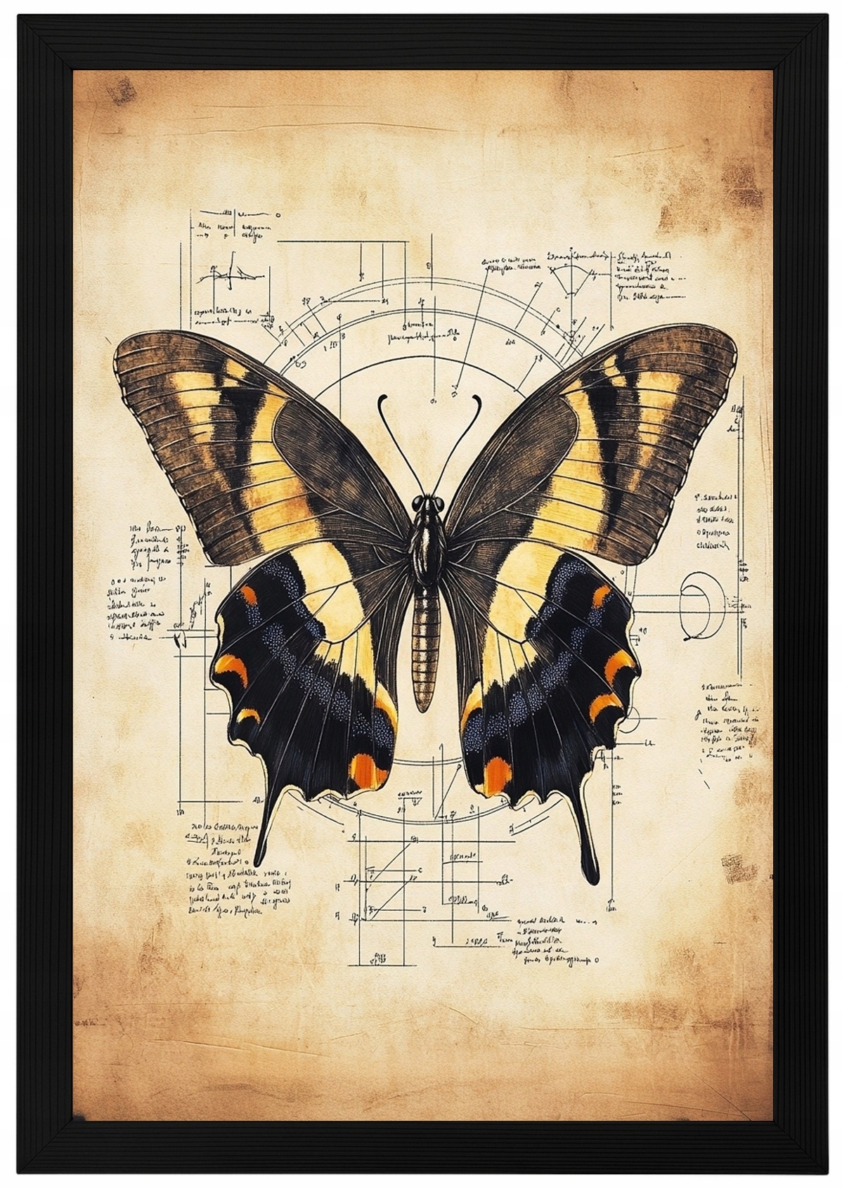 Plakát Rámeček Dřevěná Grafika, Styl Da Vinci, Kresba Motýla Na Papyrusu, 40x60