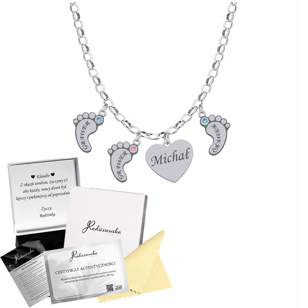Stříbrný náhrdelník s nožičkami Srdce Řetízek Narozeniny Žena Gravírování 925