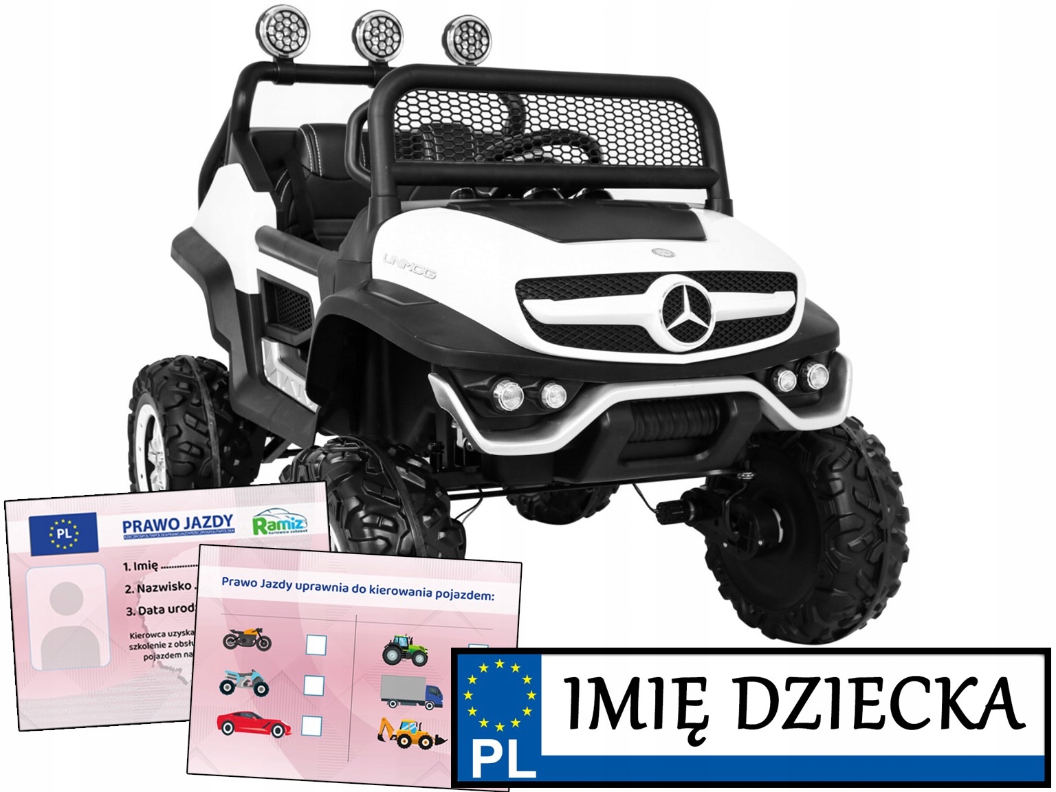 dwuosobowy samochód dla dzieci Mercedes Benz Unimog zmienny napęd Pilot