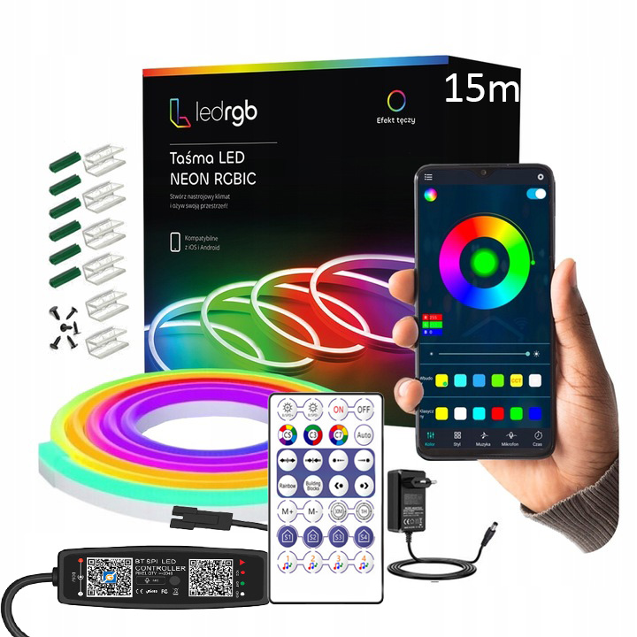 Led Páska 15M (1x15m) Neon 5050 Rgbic Bluetooth Aplikace Dálkový Ovladač Duha 24V