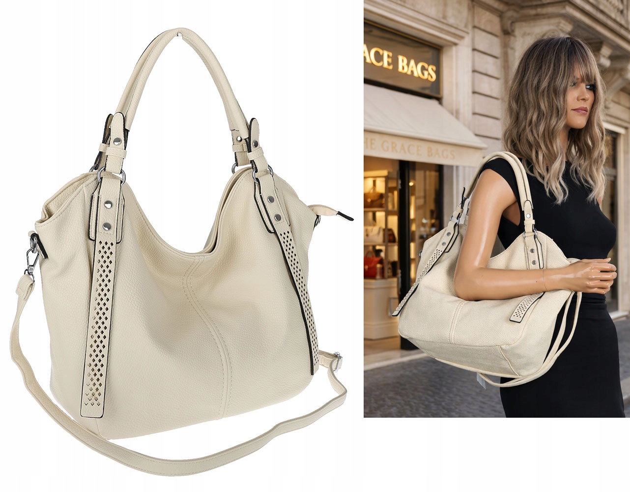 Dámská shopper kabelka přes rameno prostorná přes rameno LH6004 Béžová