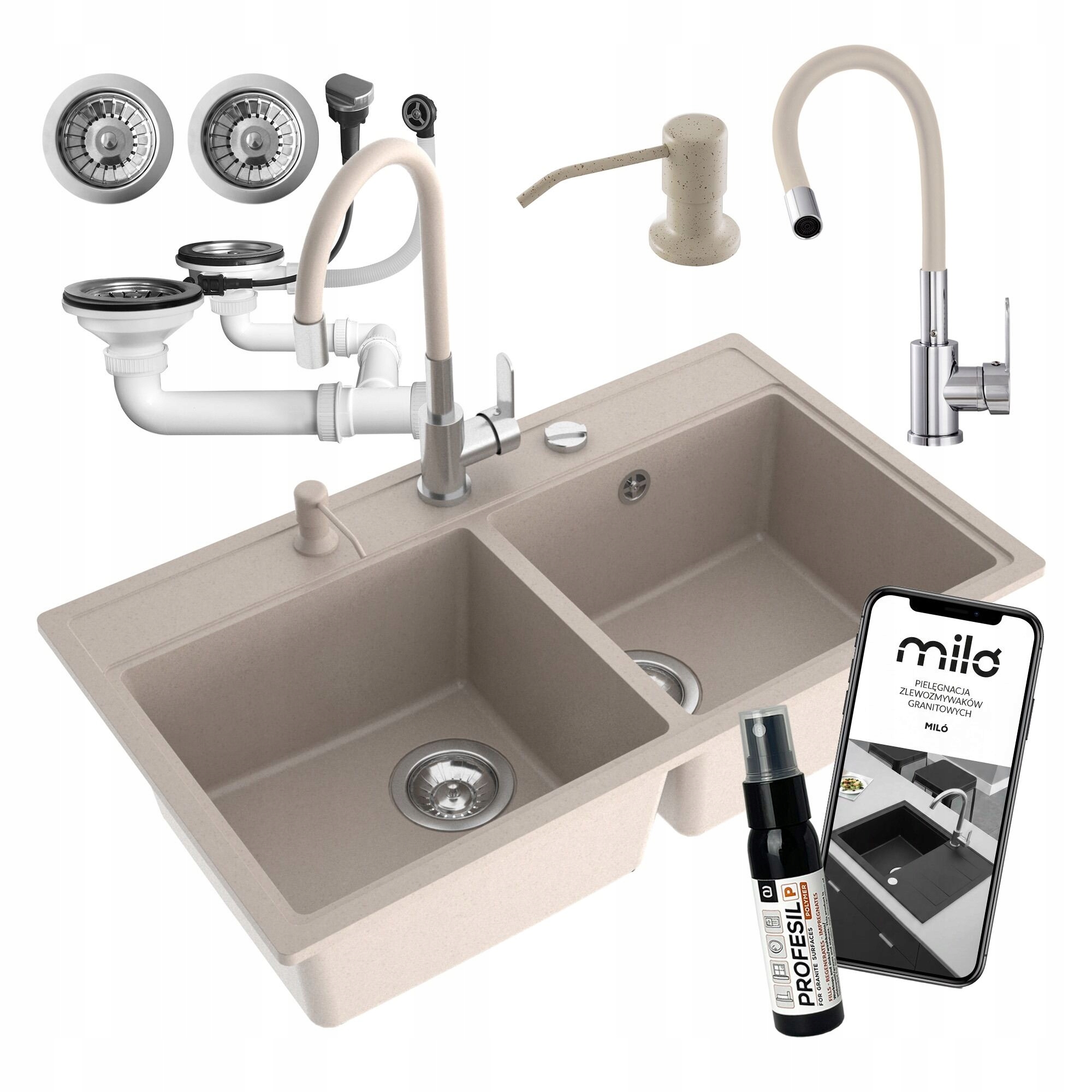 Dvojkomorový drez béžový Metro automat, flexibilná batéria, dávkovač