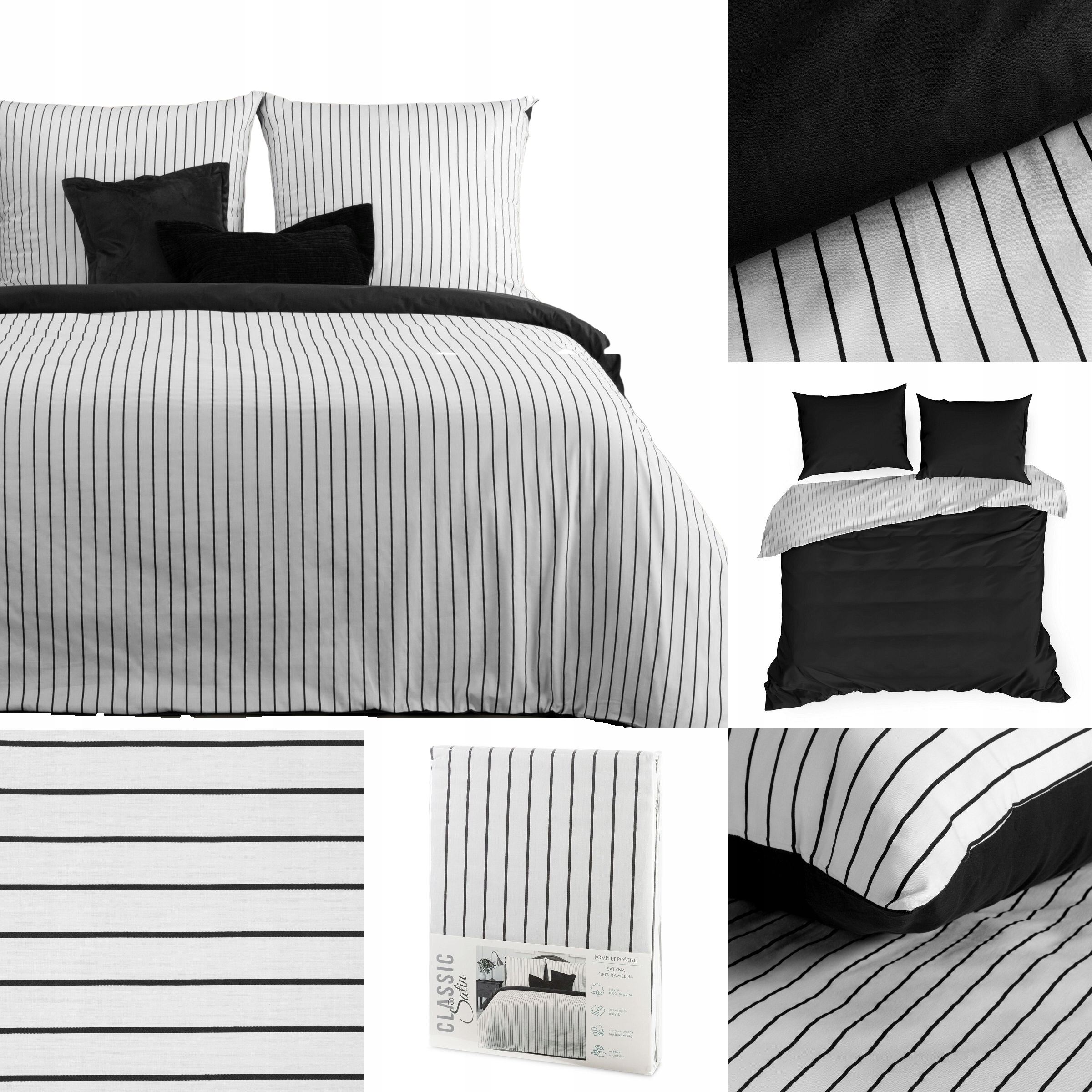 Pościel Satynowa 160x200 Raya biały+czarny Eurofirany Dwustronna W Paski