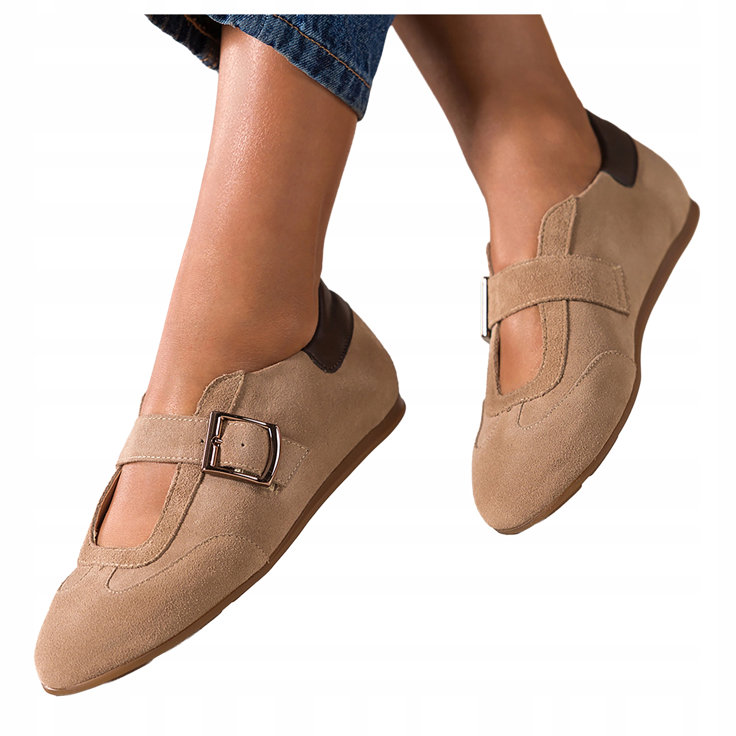 Béžové dámské polobotky Baleríny s páskem a zlatou sponou Kožené vel. 40