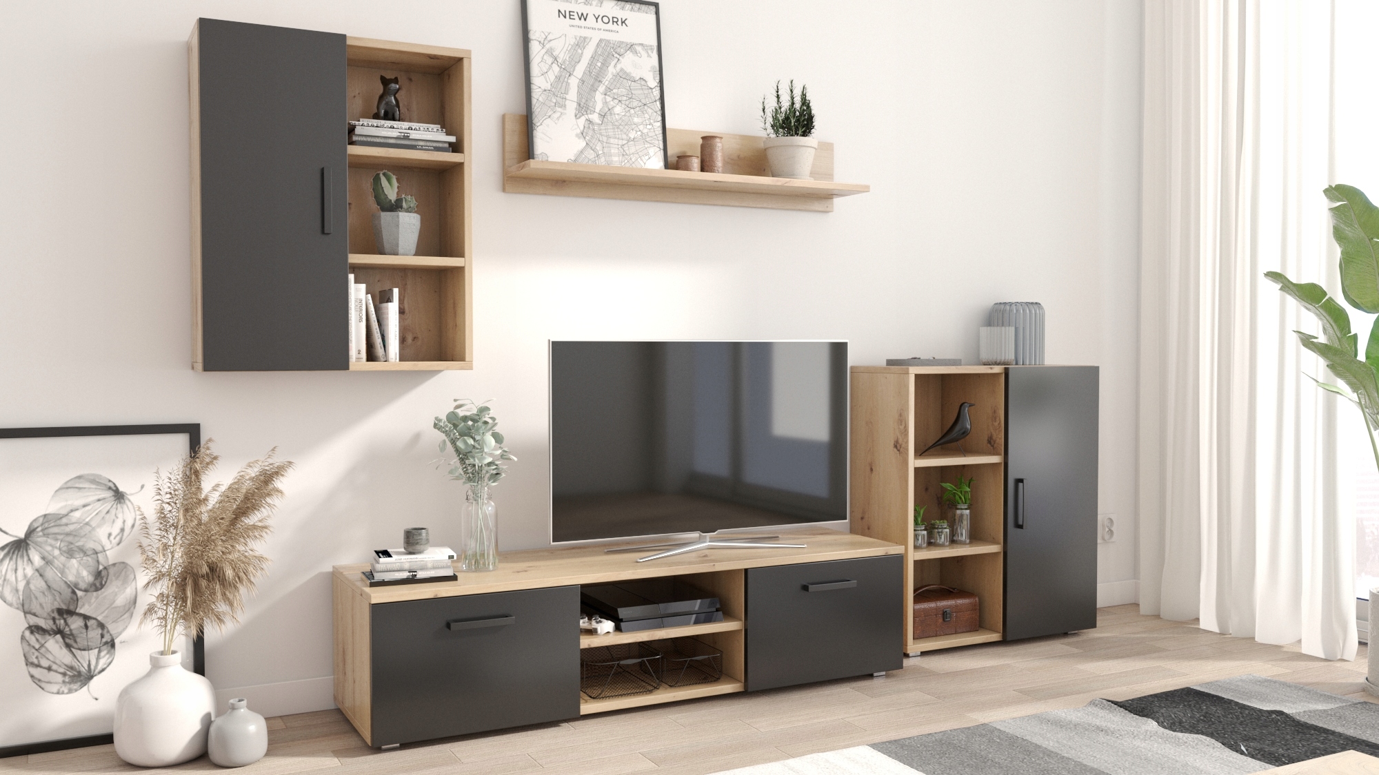 Obývacia Stena Dedal dub artisan čierna rtv komoda Per