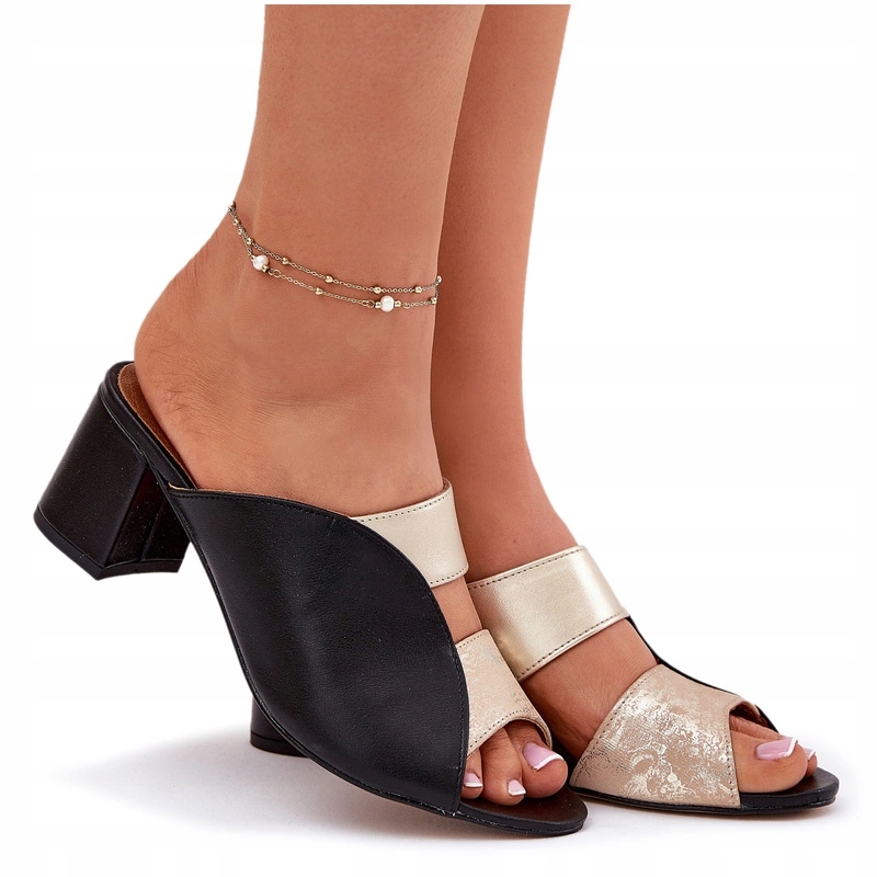 Nazouváky Přírodní Kůže Podpatek Sloupek Maciejka 06943-25 Černo-zlatý 38