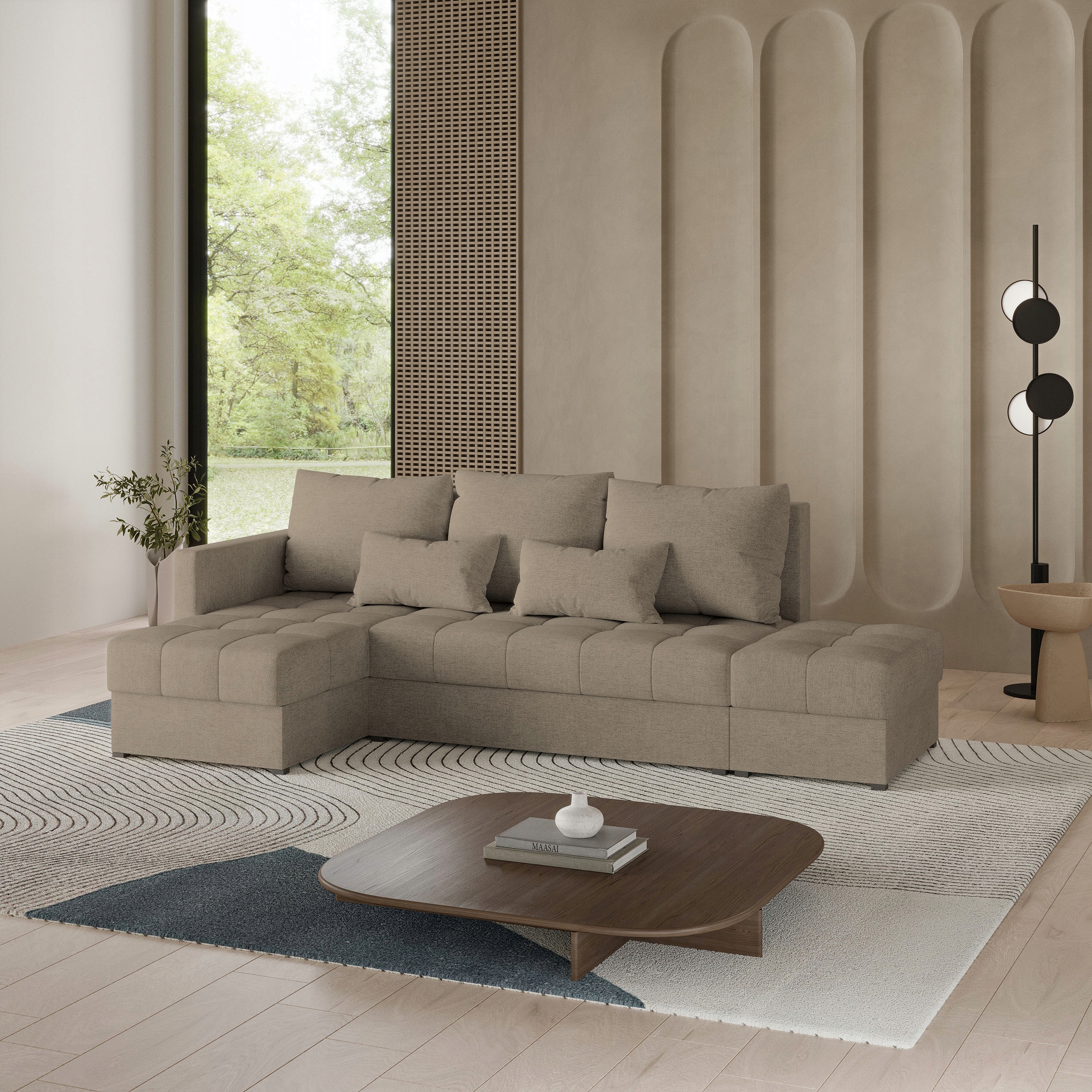Rohová Sedací Souprava Funkce Spaní Moderní Pletená tkanina Hnědá