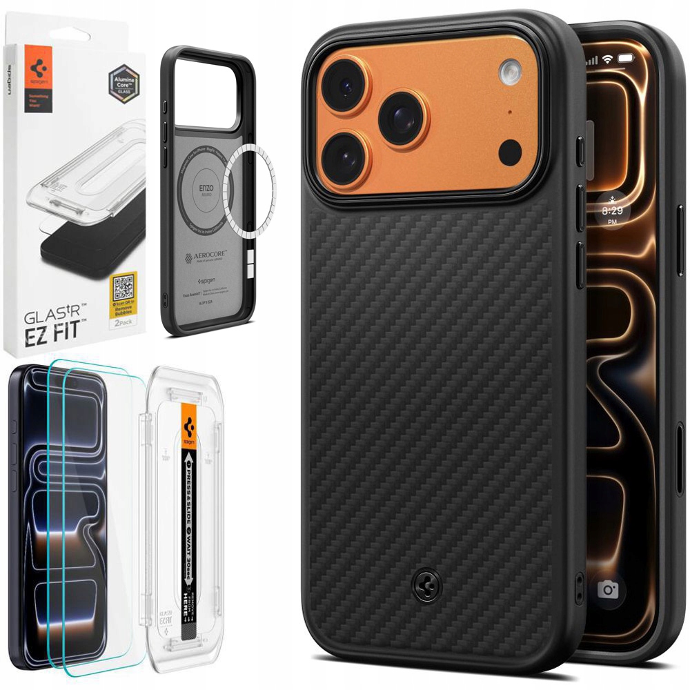 Sada Spigen: Puzdro Enzo Aramid MagSafe 2x Sklo pre Apple iPhone 17 Pro