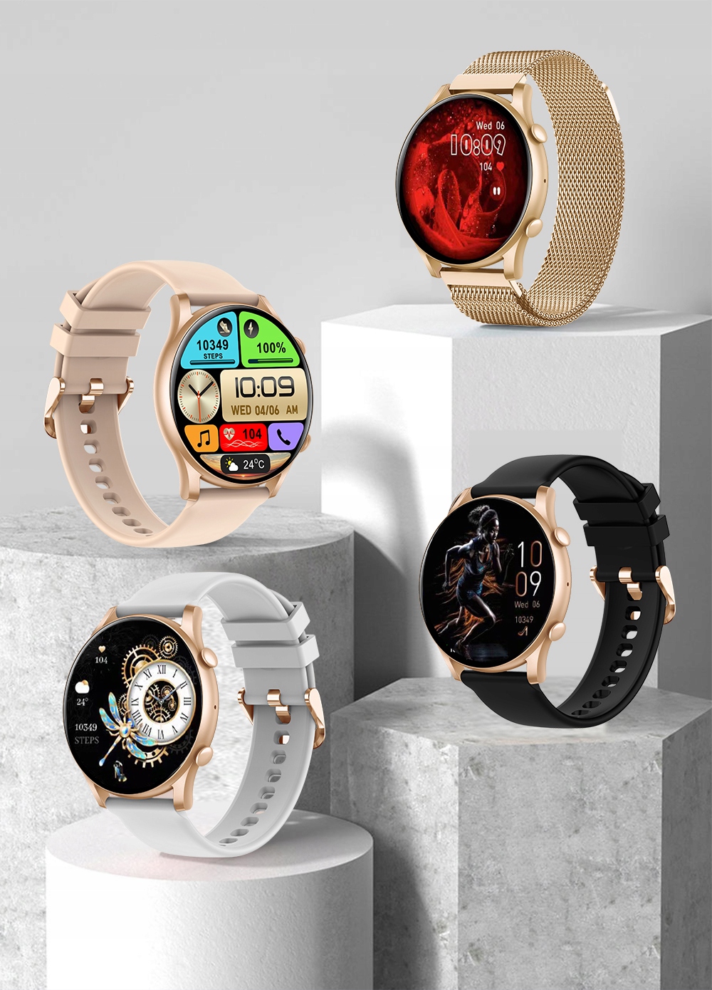 SMARTWATCH ZEGAREK DAMSKI POLSKIE MENU ROZMOWY ZDROWIE SPORT AMOLED 4 PASKI Komunikacja Bluetooth