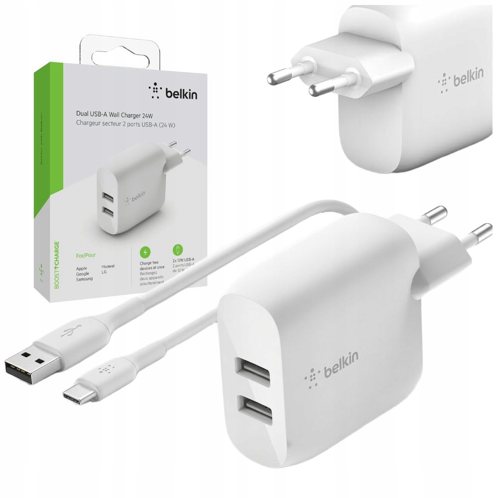 Ładowarka Belkin Boost Charge 24W 2X Usb Szybkie Ładowanie Kabel Usb C