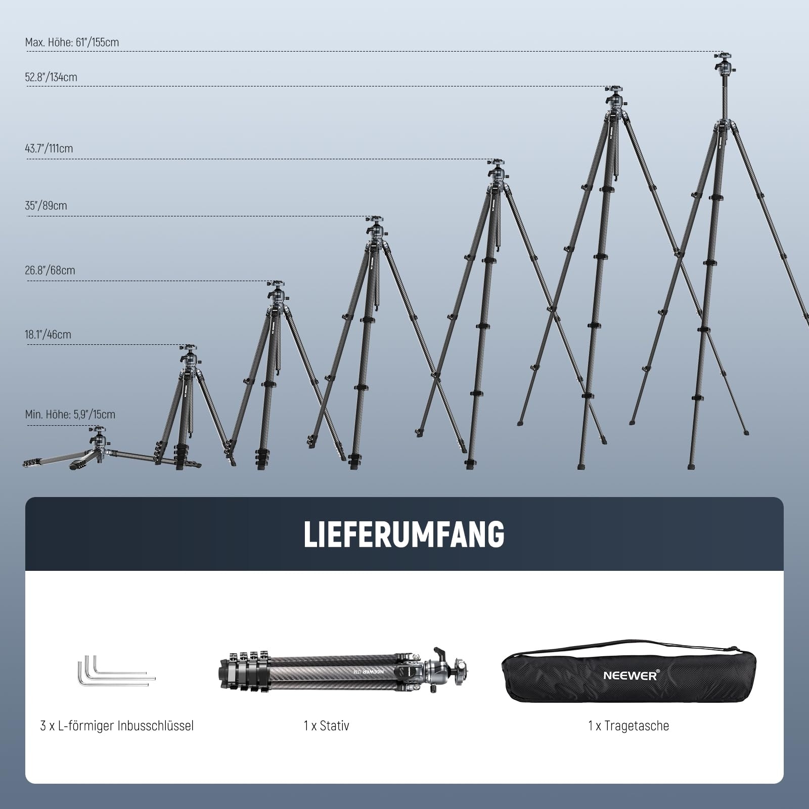 NEEWER LITETRIP LT38 Statyw Kamera 155cm Włókno Węglowe 360° Arca QR — miniatura 9