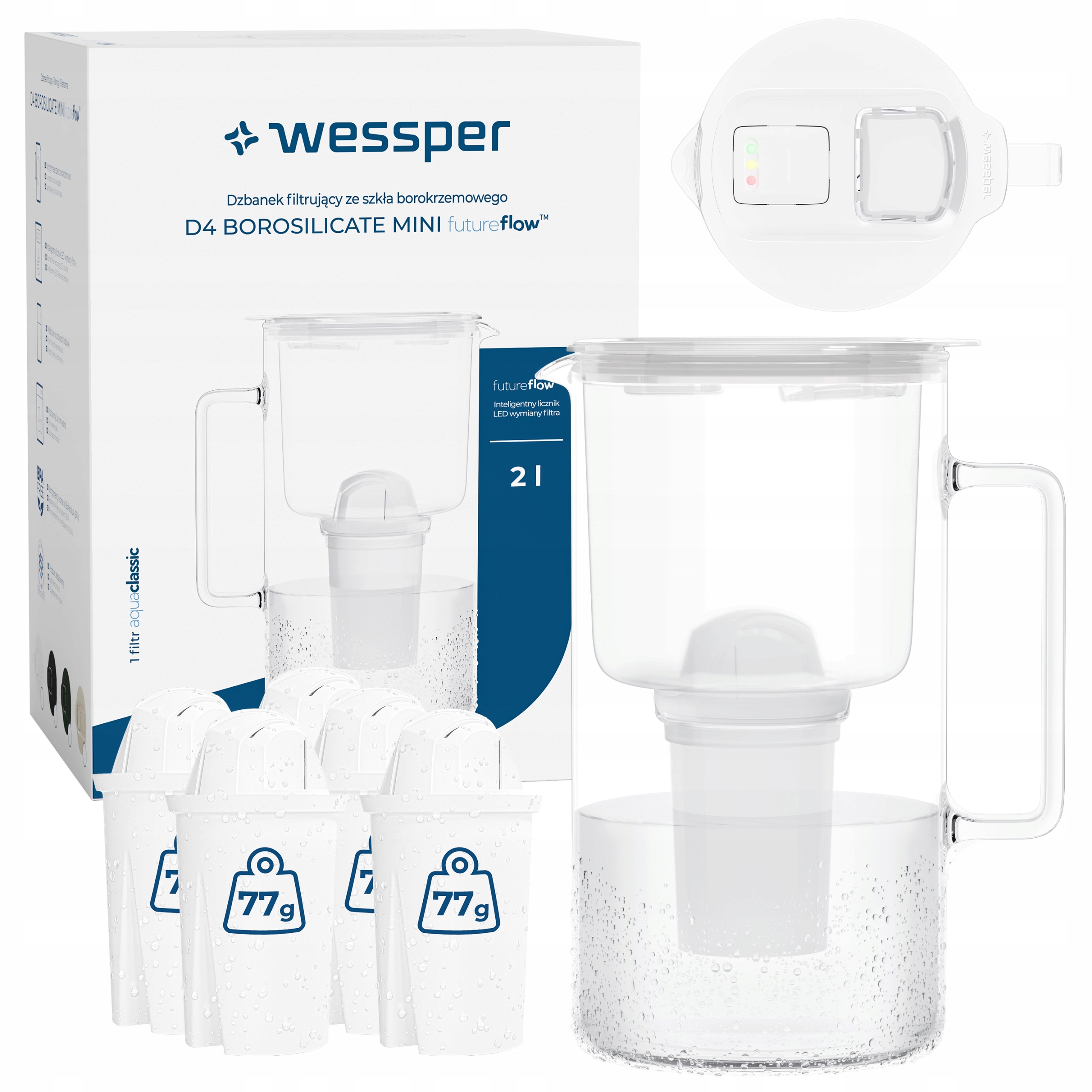Szklany dzbanek filtrujący Wessper D4 Borosilicate Mini 2l 6x filtr