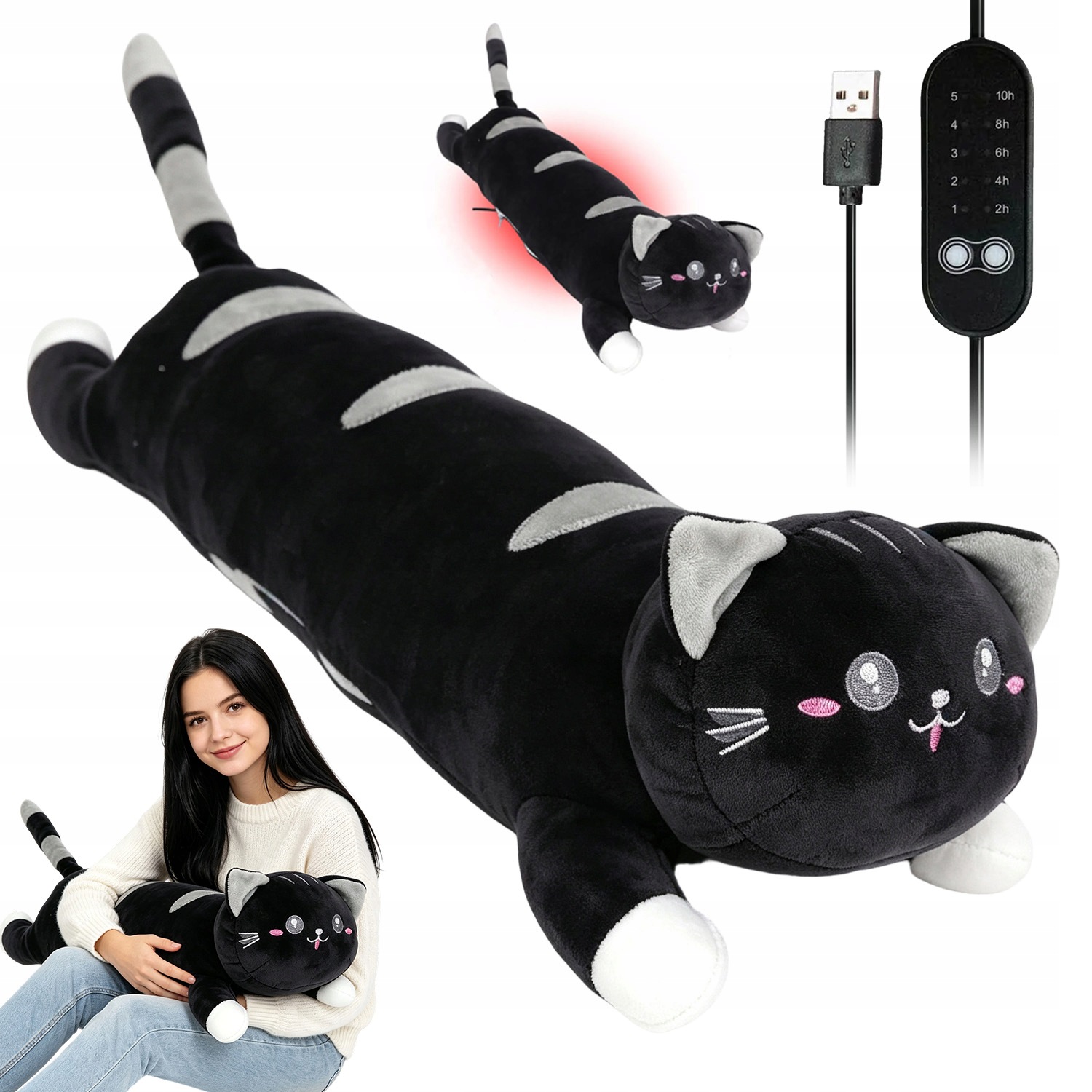 Pluszowy Termofor Kot 50 CM Usb Poduszka Grzewcza Na Plecy Szyję Barki