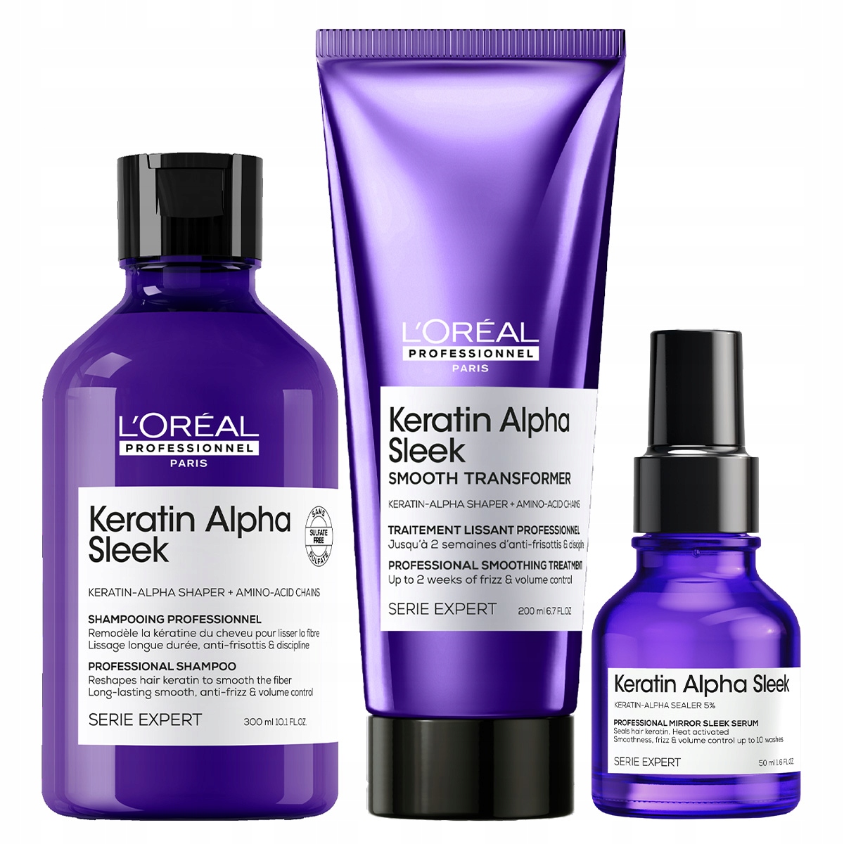 L'Oréal Keratin Alpha Sleek vyhlazení šampon 300 kúra 200 sérum 50