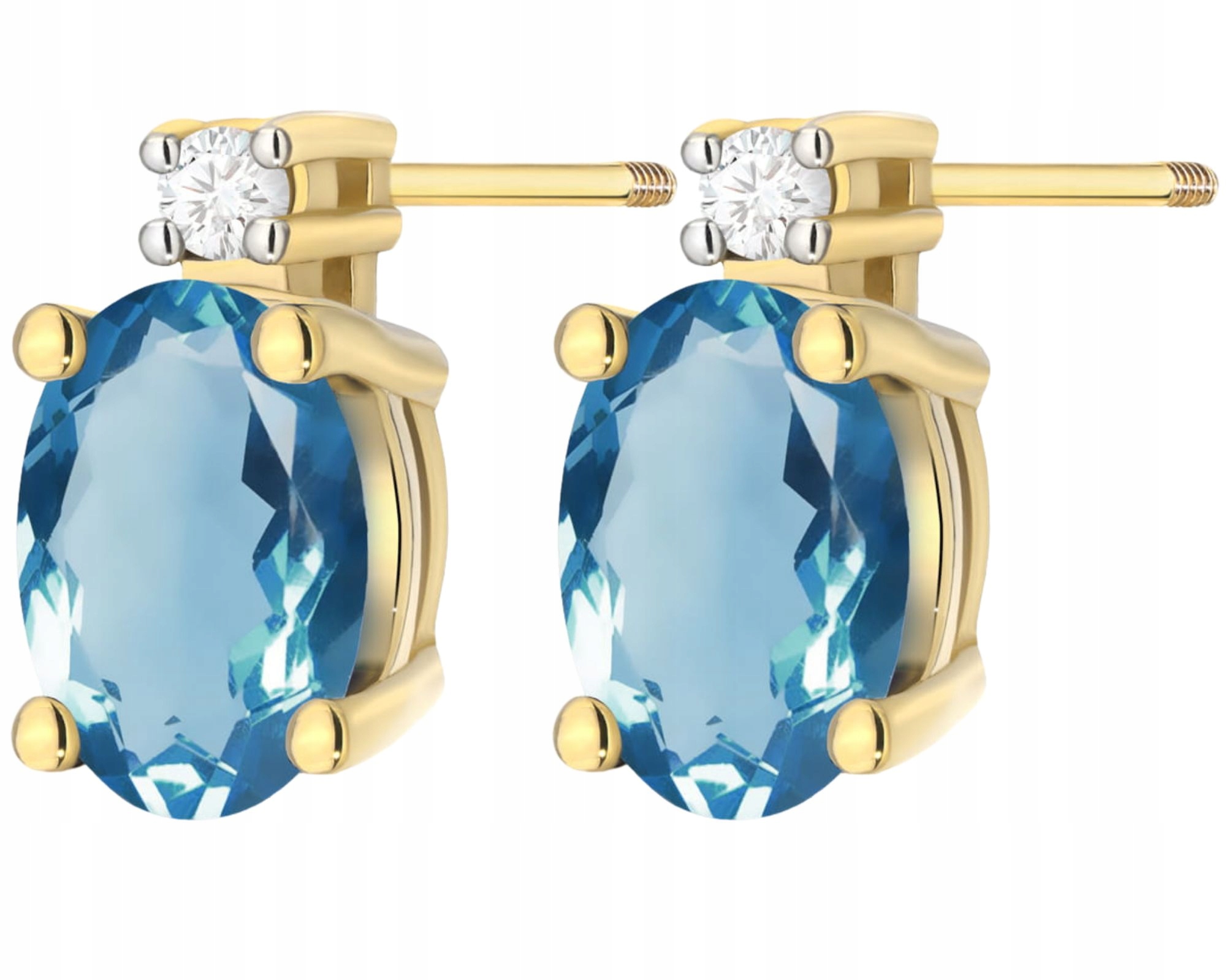 Zlaté Náušnice Přírodní Kámen Topaz London Modrý Diamanty Šroubovací Tyčinka