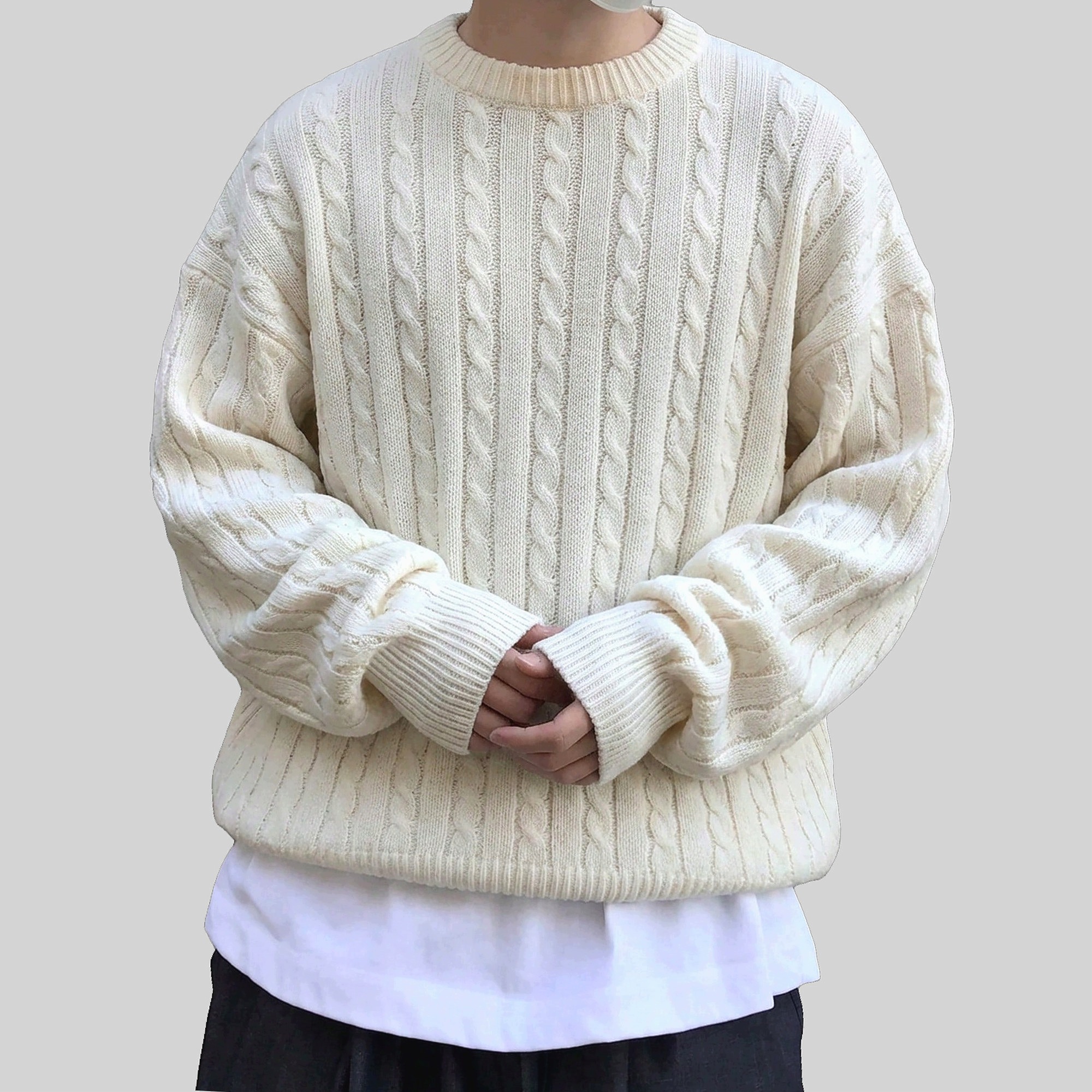 Pánský Svetr Béžová Oversize s copánkovým úpletem Casual Shein M