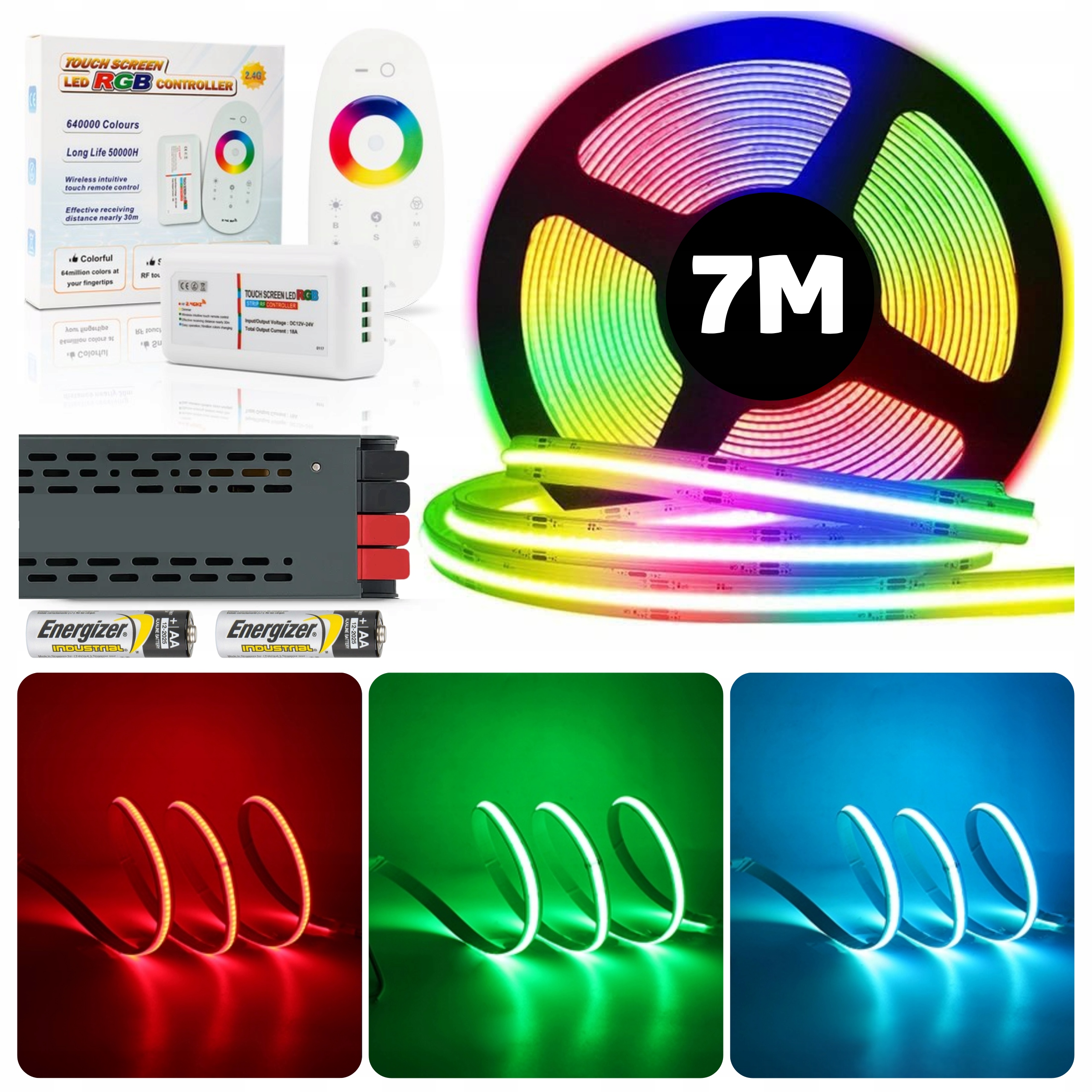Set 7M Led pásek Cob Rgb 840 diod 15W 24V s dálkovým ovládáním a napájecím zdrojem