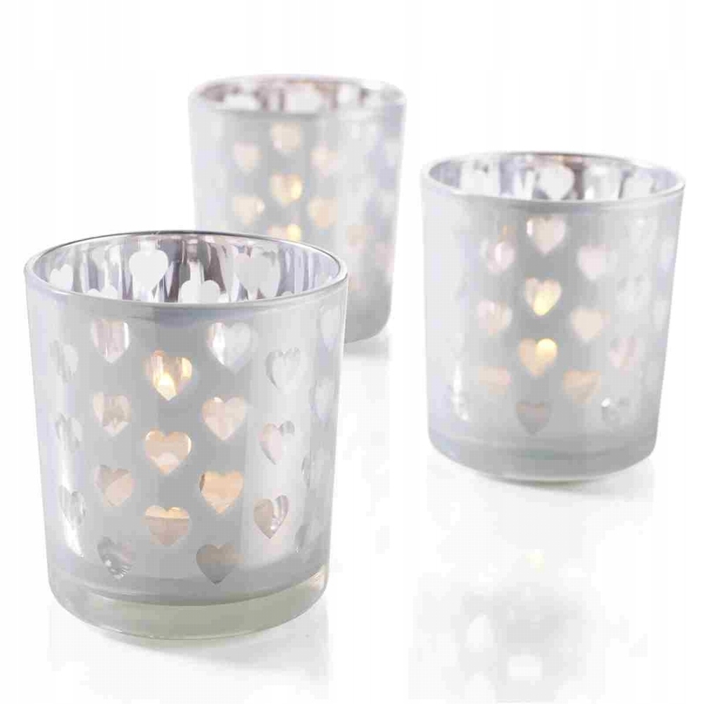 Szklany świecznik tealight z sercami. Zestaw 3 szt