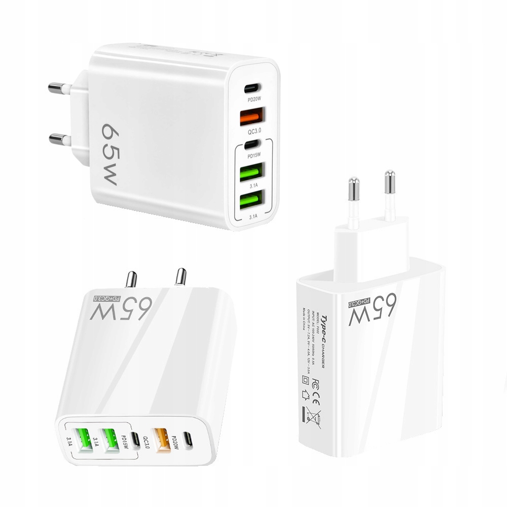 ŁADOWARKA SIECIOWA SZYBKA USB-A USB QC 3.0 65W USB-C PD TYP C DO TELEFONU