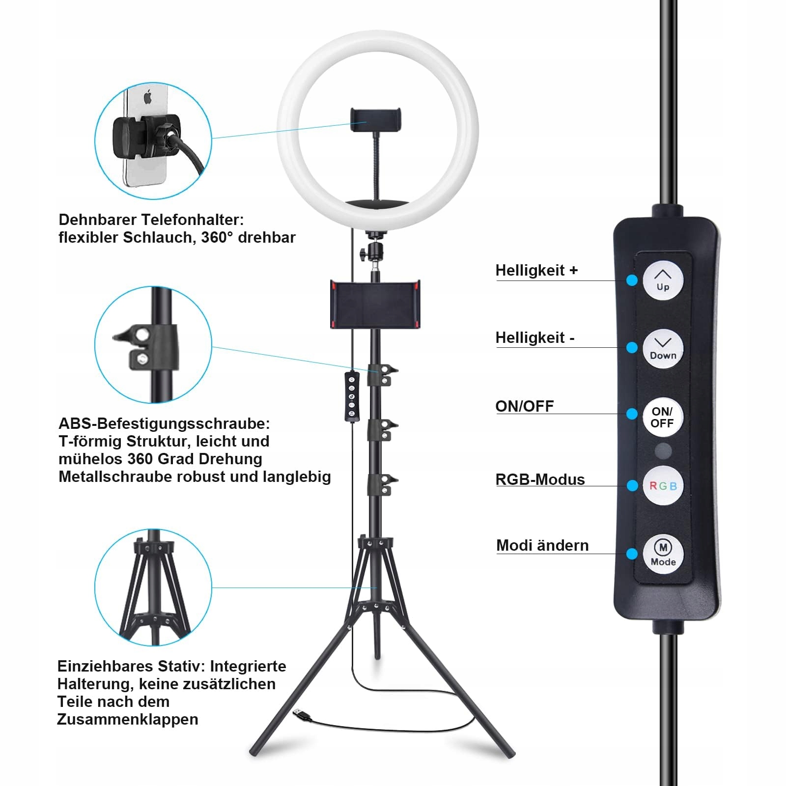 Herrfilk Lampa pierścieniowa 13 cali ze statywem RGB 3000-6000 K — miniatura 6