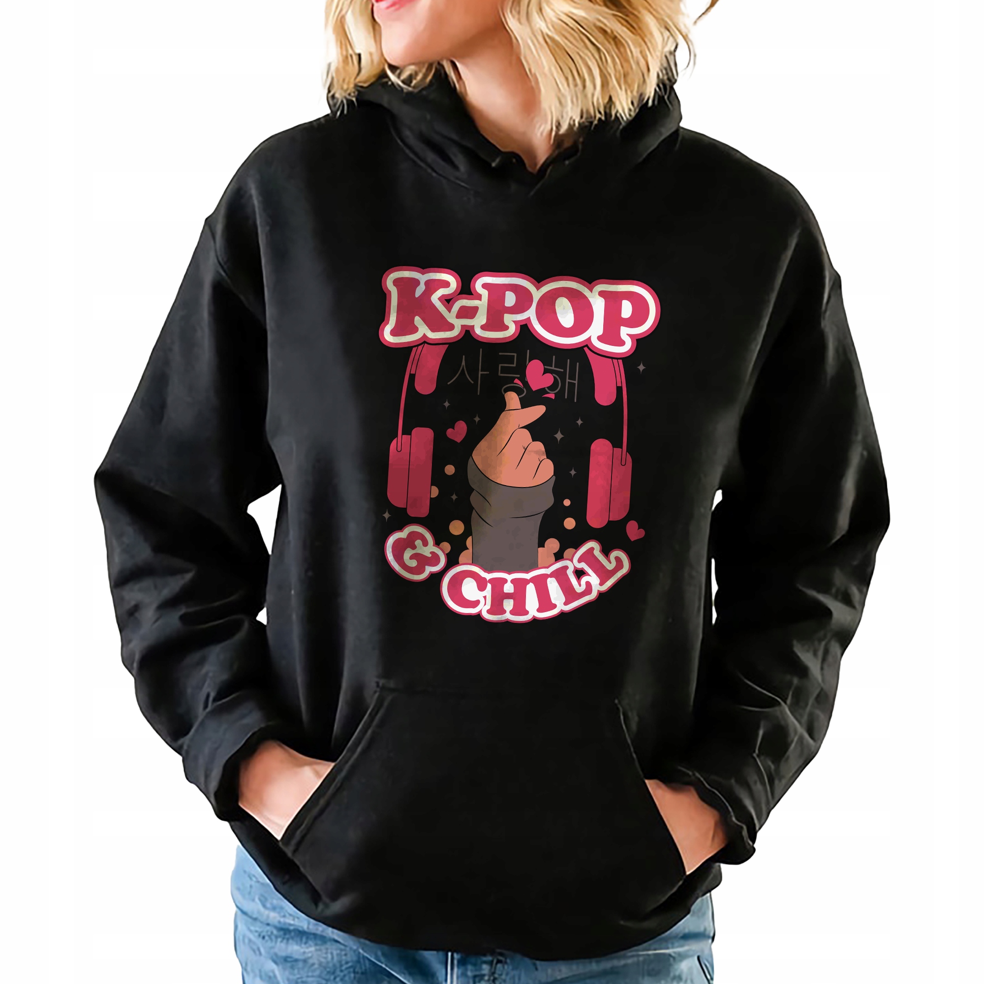 Mikina S Kapucí Černá K-pop & Chill Korea Japonsko Mnoho vzorů Velikost L