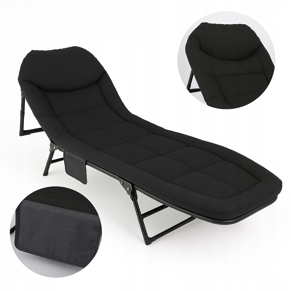Leżak Ogrodowy Fotel Składana Leżanka Plażowa Czarny Poduszka