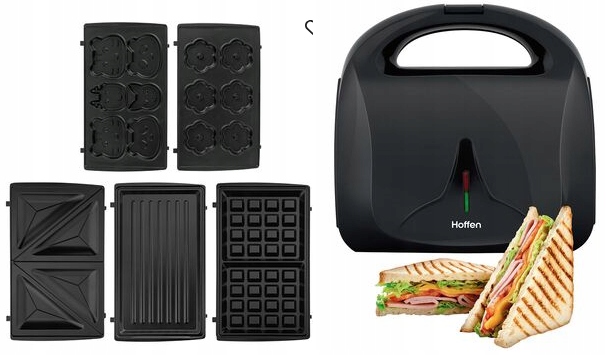 Opiekacz Hoffen czarny 850 W 5W1 z wymiennymi tackami grill tosty gofry