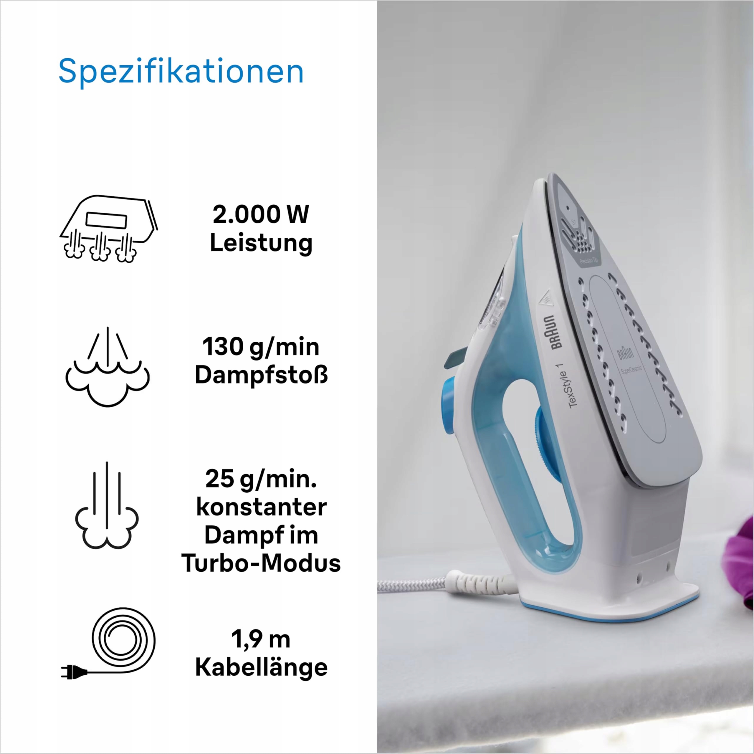 BRAUN TexStyle 1 Żelazko Parowe SuperCeramic 2000W Niebieskie — miniatura 4