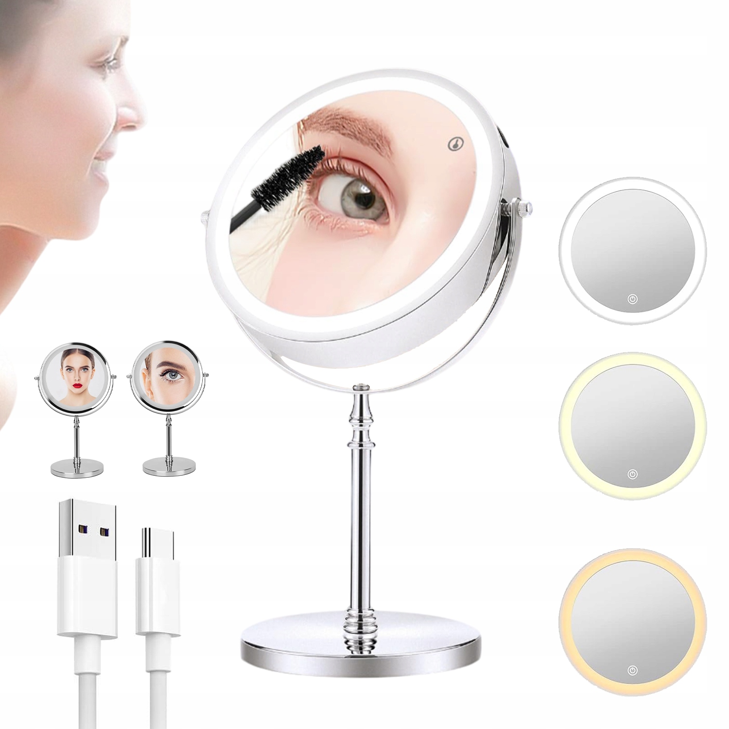 Kosmetické Zvětšovací Zrcátko Na Make-up 3 Barvy Světla Otočné