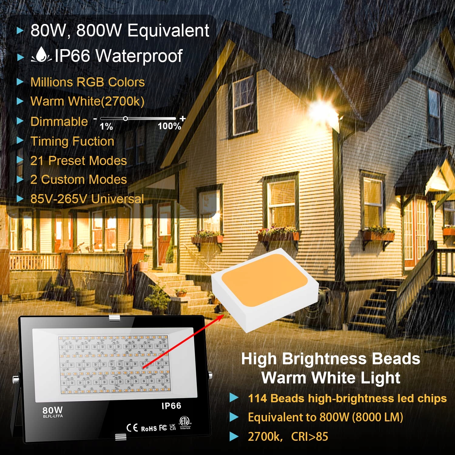 RGB LED Reflektor Zewnętrzny 80W Bluetooth APP Sterowanie IP66 Wodoodporny — miniatura 2