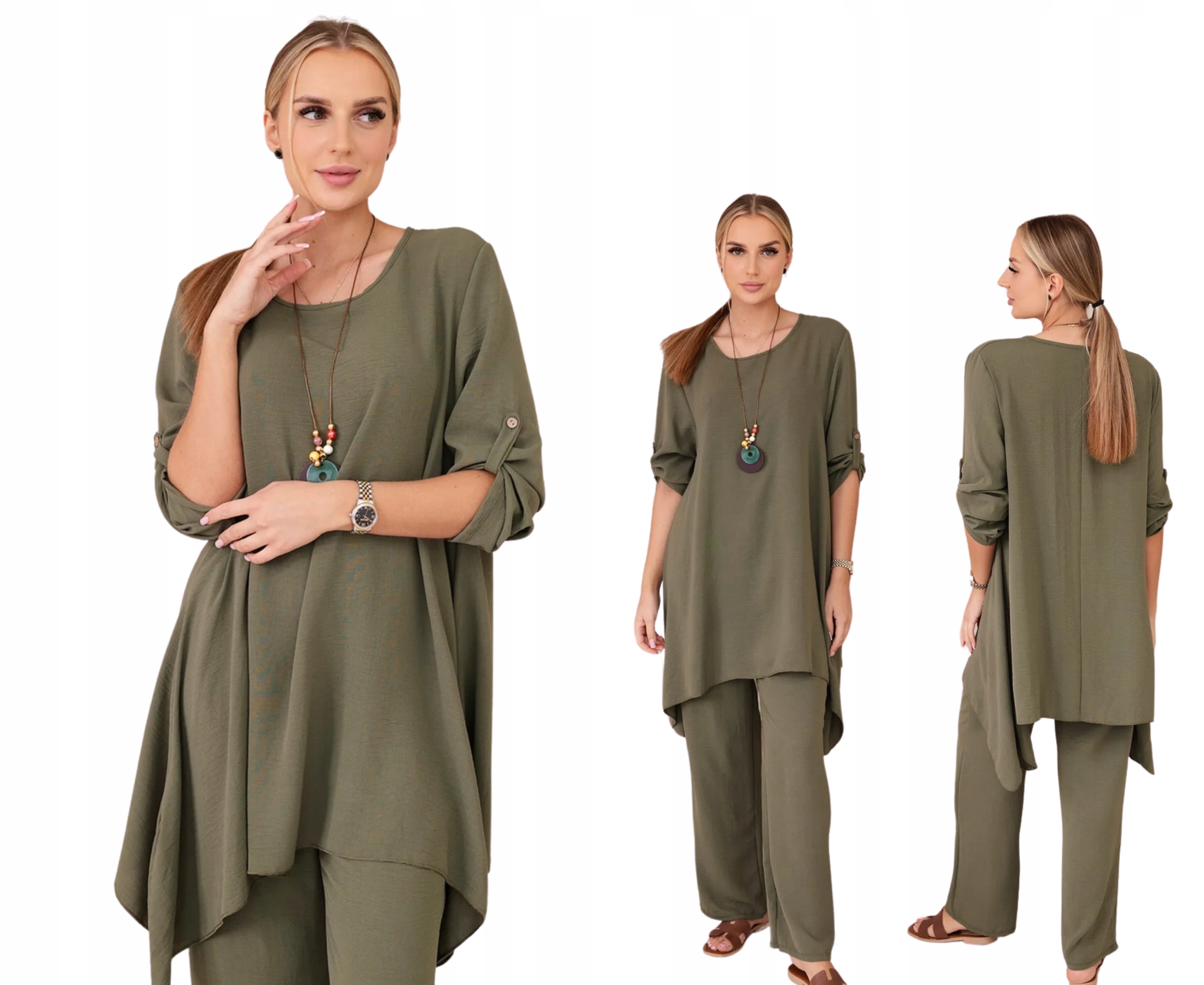 Jasny khaki komplet damski z naszyjnikiem: Tunika i luźne spodnie
