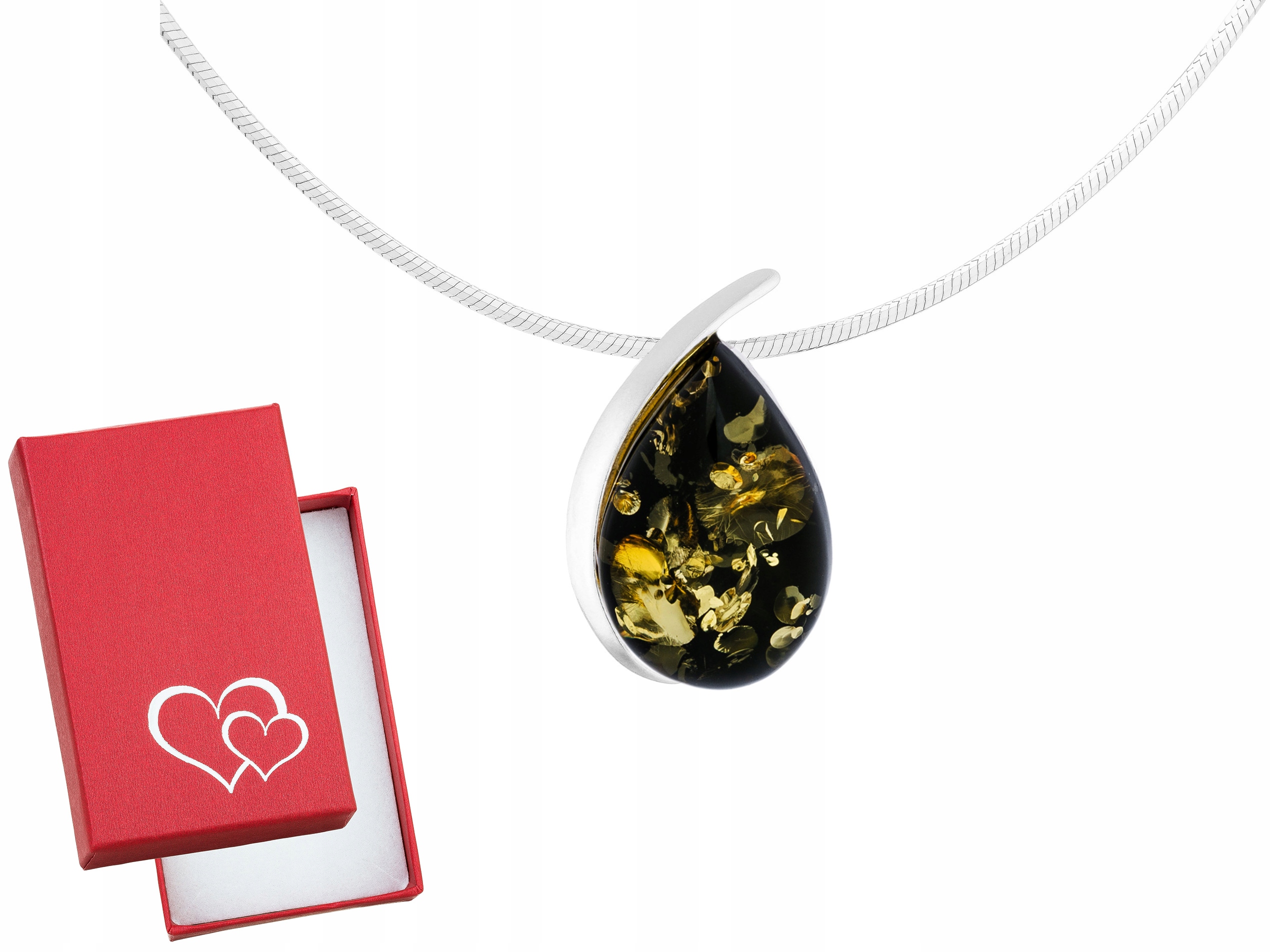 Dlouhý stříbrný dámský náhrdelník Kapka se zeleným jantarem Lžička 60 cm