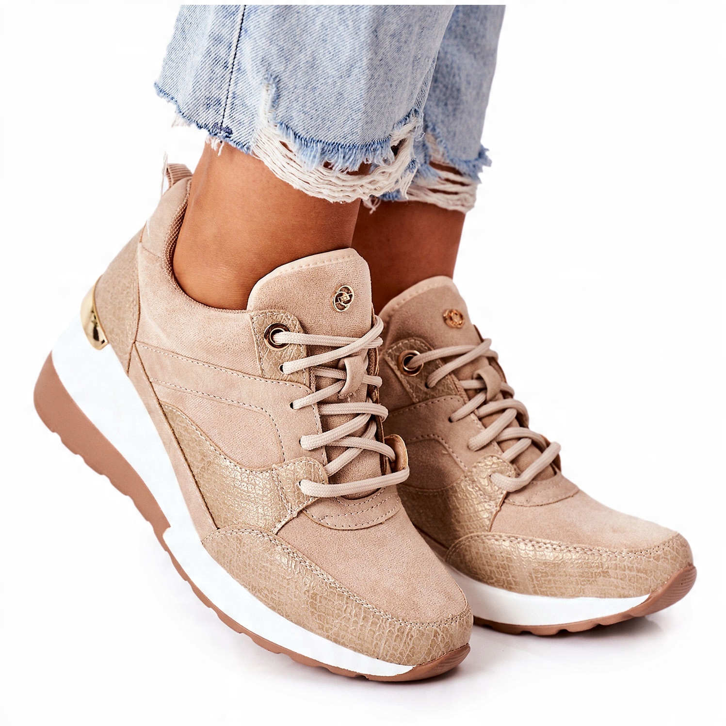 

Skórzane Sneakersy Na Koturnie Beżowe 39