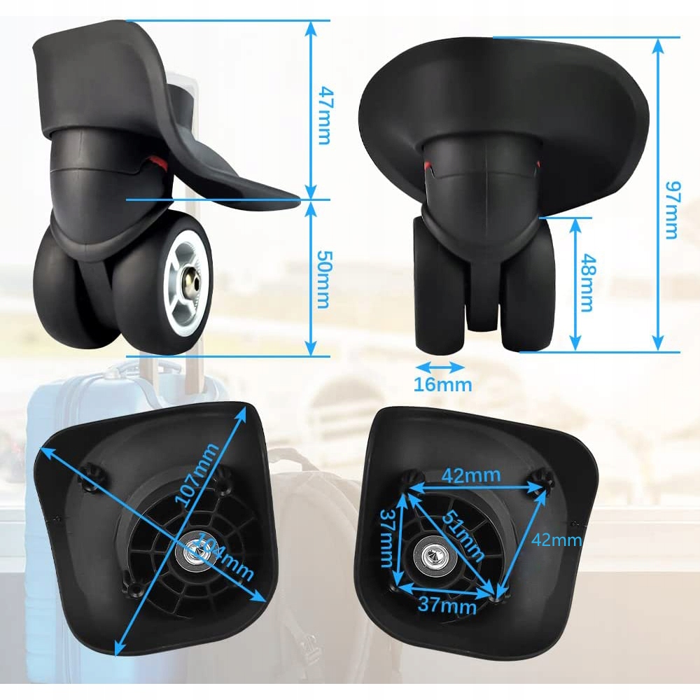 WYMIANA 4 KÓŁ ZAPASOWYCH DO WALIZKI BAGAŻOWEJ UNIWERSALNE KOŁO ELASTYCZNY Kod producenta 01166TL0116