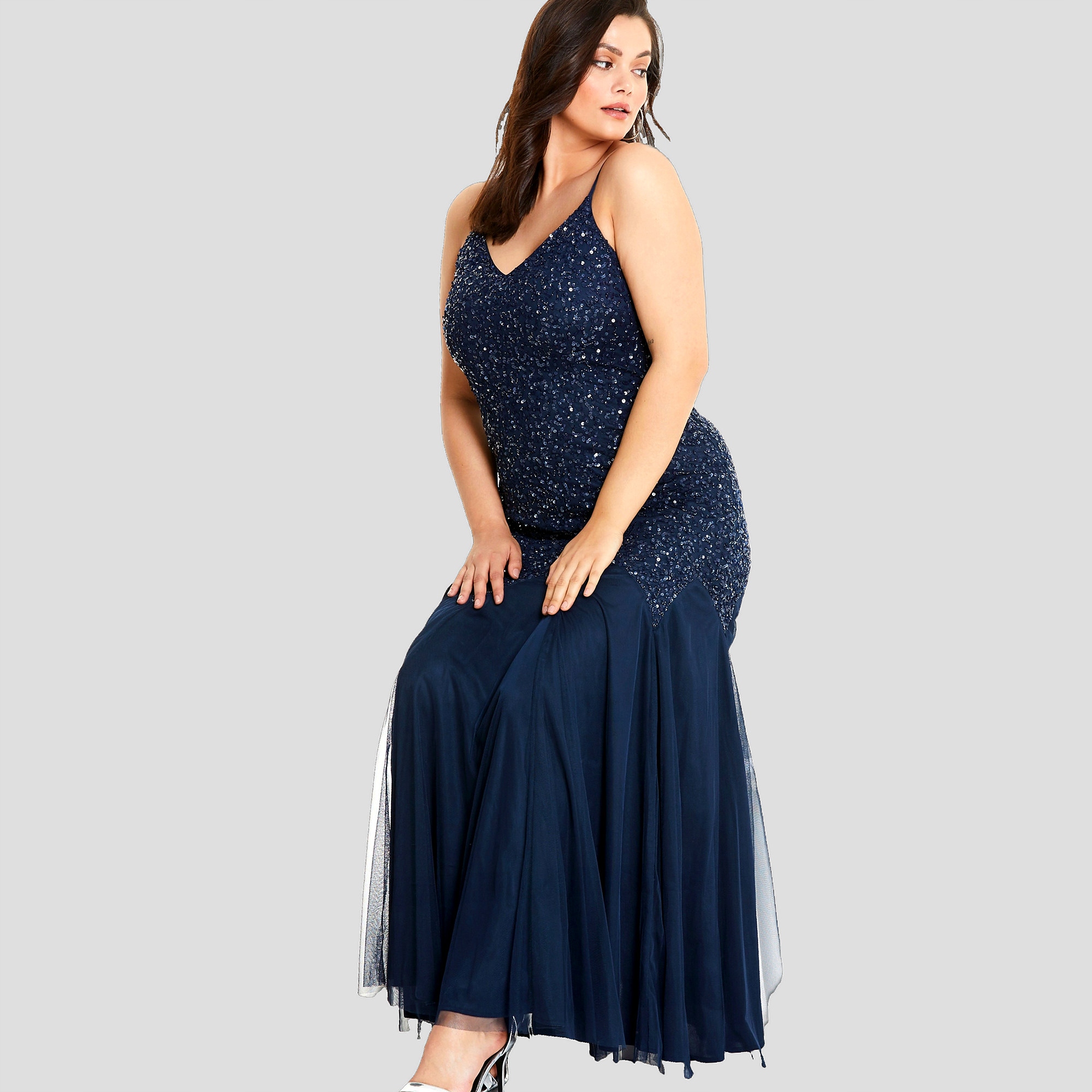 Šaty večerní s flitry, střih typu rybí ocas (fishtail), velikost 3XL (46)