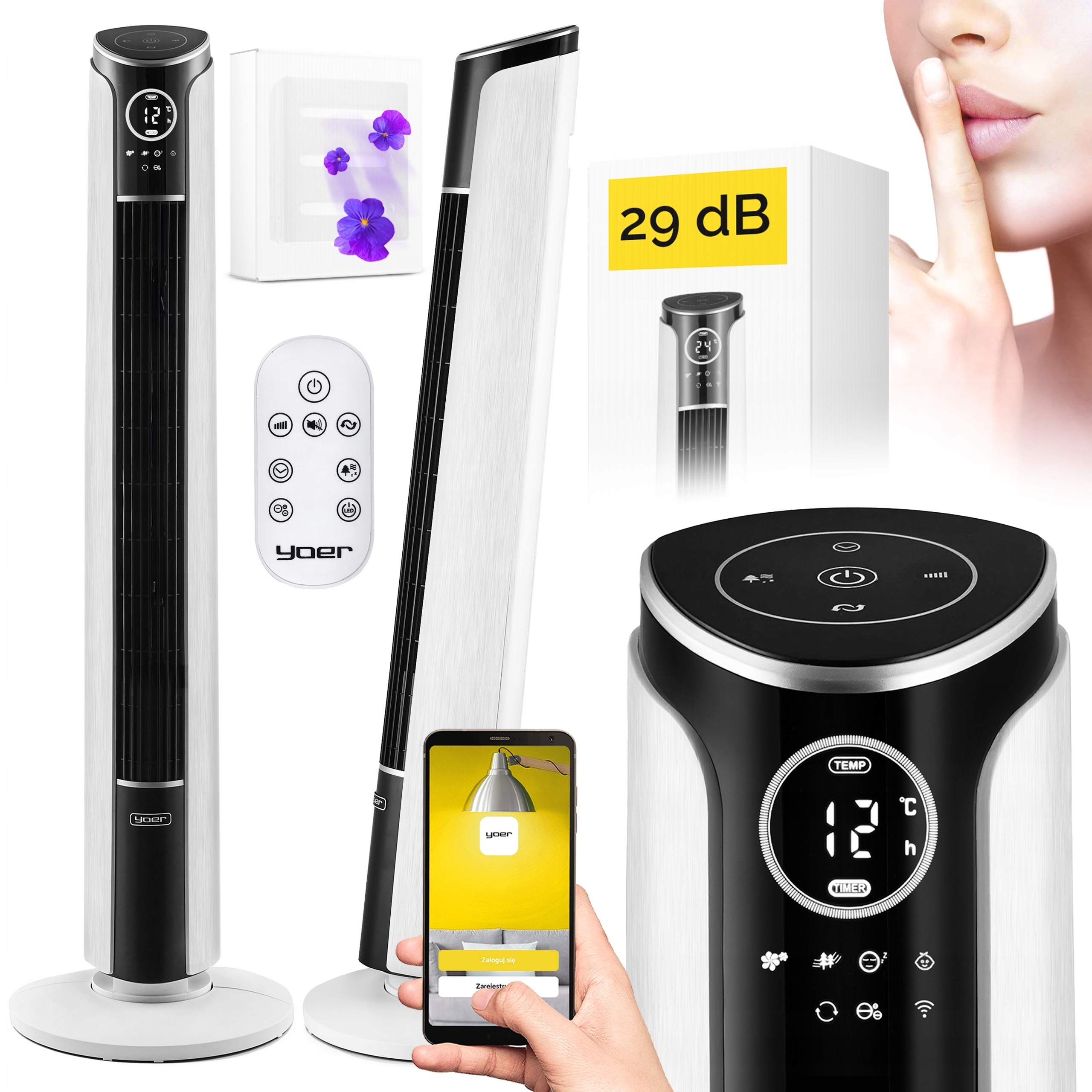 Wentylator kolumnowy stojący Cichy 29dB Yoer 3D +10m zasięg Jonizacja Aroma