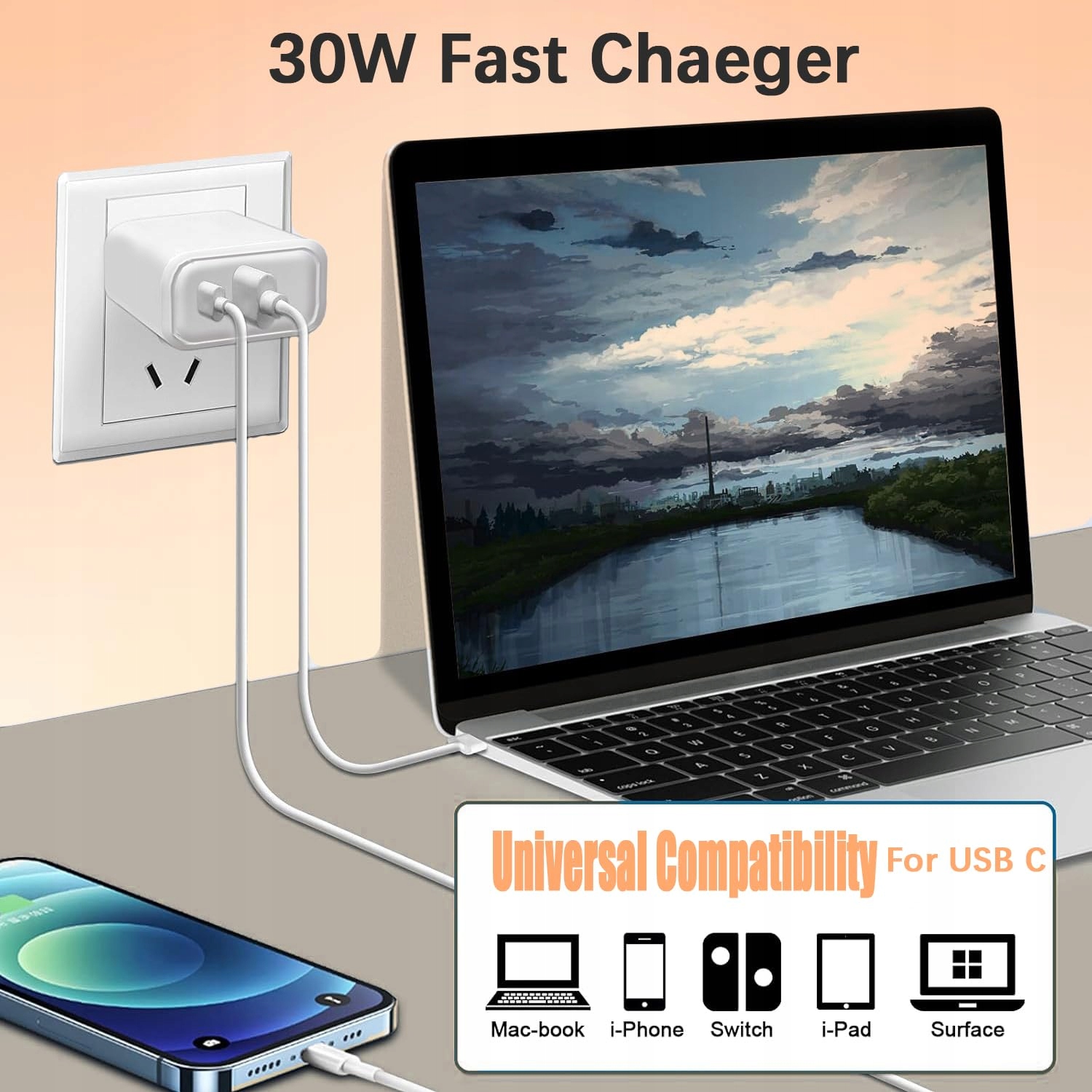 30W USB C ŁADOWARKA SZYBKIE ŁADOWANIE DO GOOGLE PIXEL IPHONE ANDROID — miniatura 3