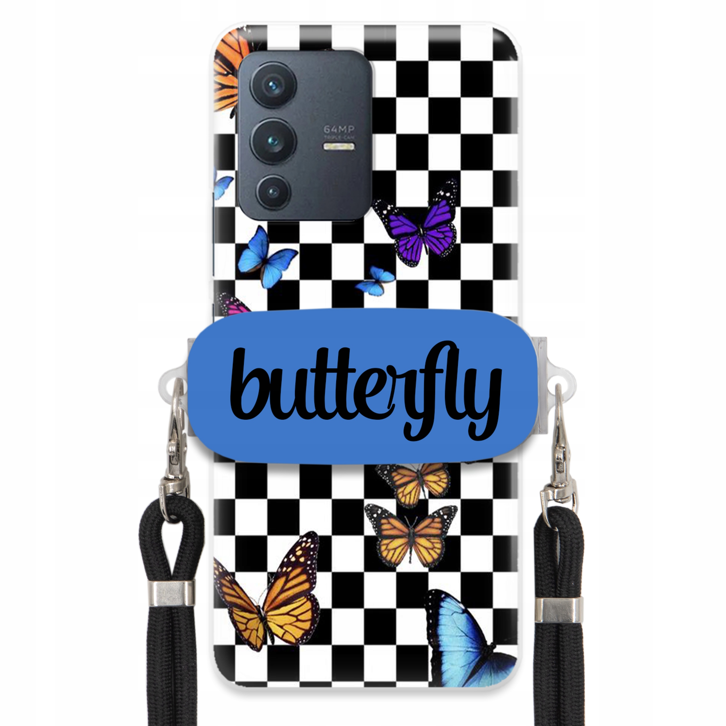 Puzdro Na Vivo V23 5G Puzdro S Obdĺžnikovým Držiakom, Čierne, Vodítko, Butterfly, Motýle